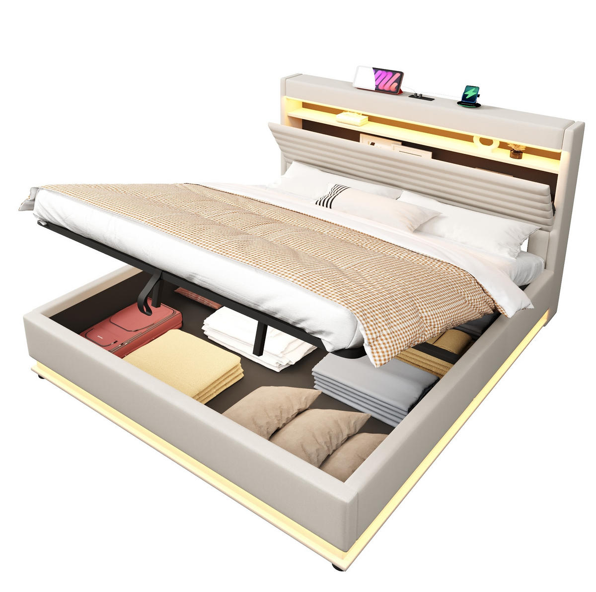 POLSTERBETT 180/200 cm aus Leinen mit LED-Beleuchtung und Stauraum Beige - Beige, Textil (180/190cm) - Modenvie