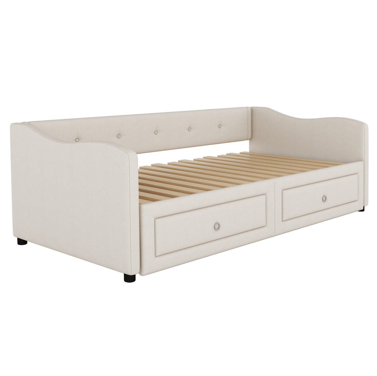 TAGESBETT 90/200 cm mit ausziehbarem Rollbett, 2 Schubladen und Leinenbezug, Beige - Beige, Textil (90/200cm) - Redom