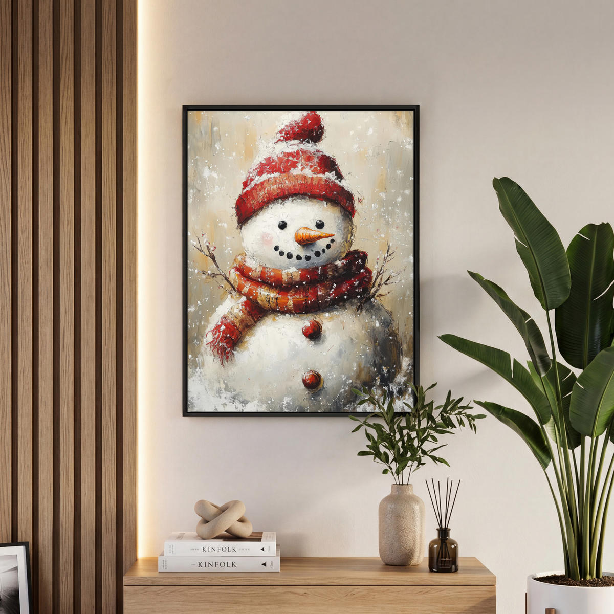 LEINWAND Bilder mit Rahmen - Schneemann - Winter - Schnee - Beige - 60x80 - Weiß, Textil (60/80cm) - MuchoWow