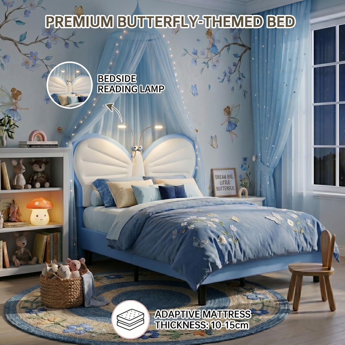 KINDERBETT Schmetterling mit LED-Leselampen 90/200 cm Samt Blau - Blau, Textil (90/200cm) - Creahappy