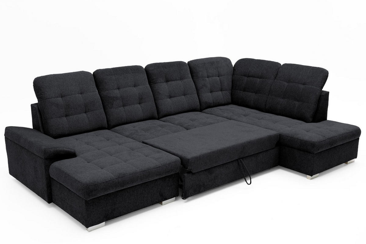 ECKSOFA U-Form OLIVIA U Rechts mit Schlaffunktion 124x257 Velours Schwarz - Silberfarben/Schwarz, Holz/Kunststoff (202/103/320cm) - Muffo