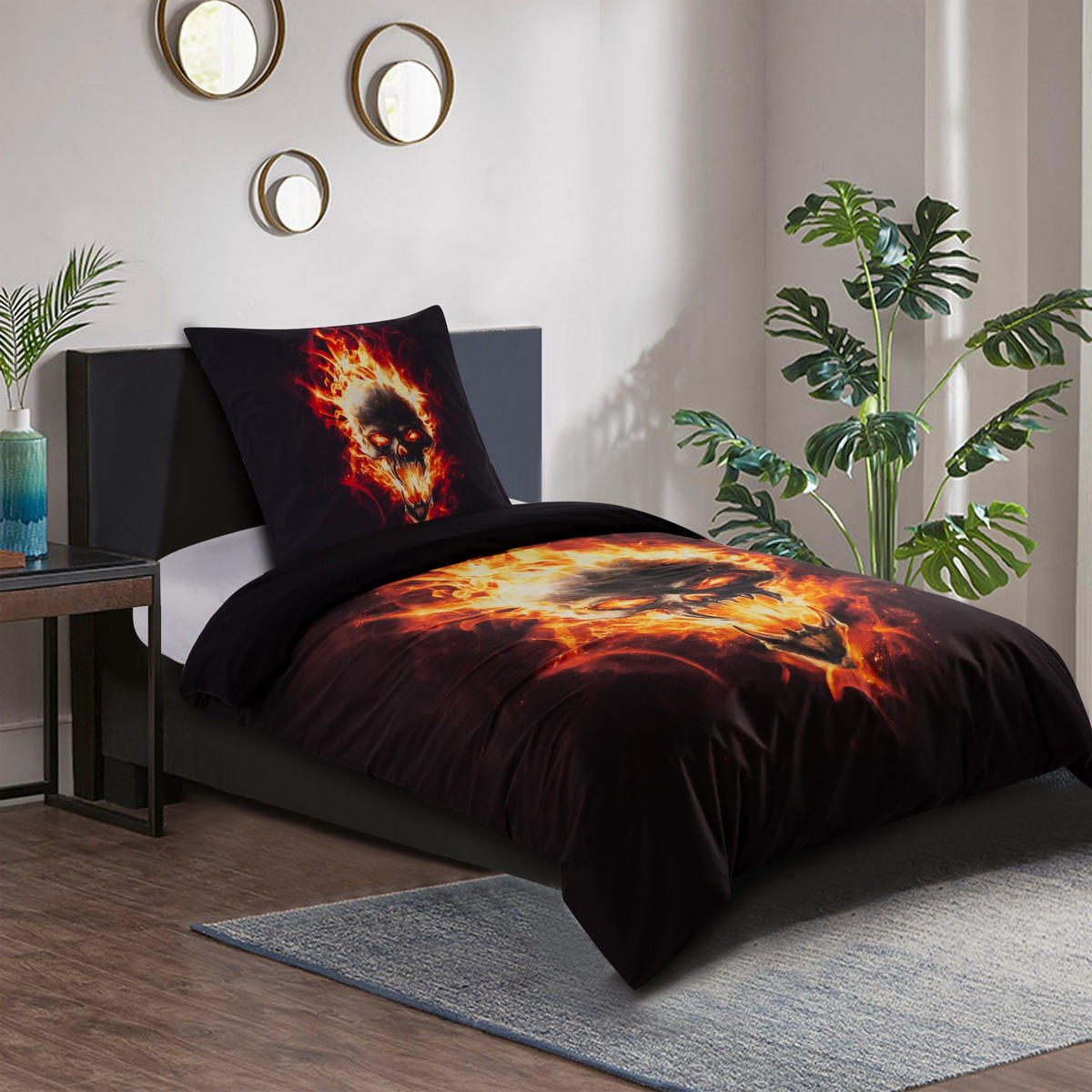 BETTWÄSCHE 4-teilig Totenkopf in Flammen - Braun, Naturmaterialien (135/200cm) - Sanilo