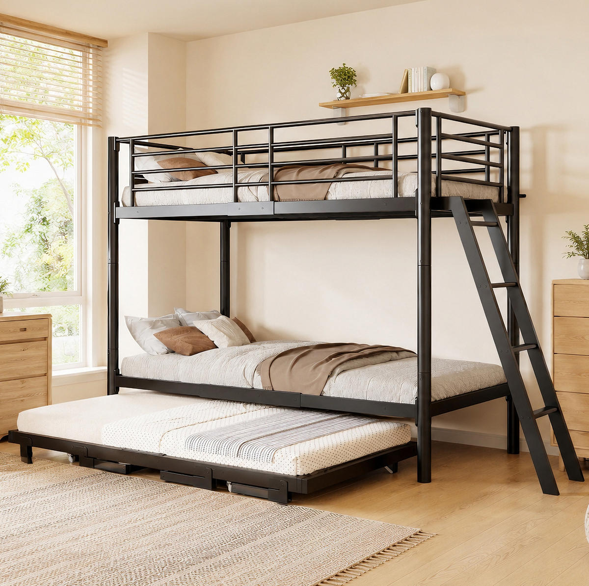 ETAGENBETT aus Metall 90x200 cm Schwarz mit ausziehbarem Unterbett - Schwarz, Metall (90/200cm) - Modfu
