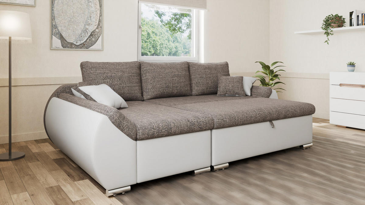 ECKSCHLAFSOFA ALEX – Braun + Weiß (Lawa 02 + Soft 17) + Hocker - Links - Braun, Holzwerkstoff/Metall (275/155cm) - Möblo