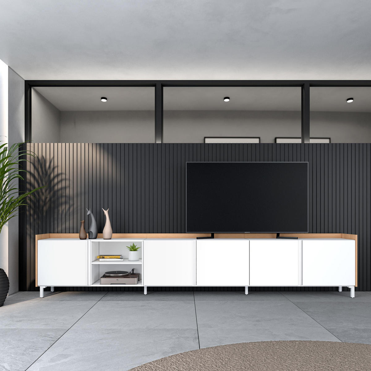 LOWBOARD, Weiß und Eiche, 309/35/61cm, mit Beinen - Weiß, Holzwerkstoff (309/61/35cm) - Skraut Home