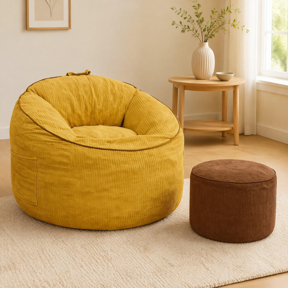 SITZSACK mit Hocker 2er-Set Gelb Flanell - Gelb, Kunststoff (95/80/103cm) - Meubliv