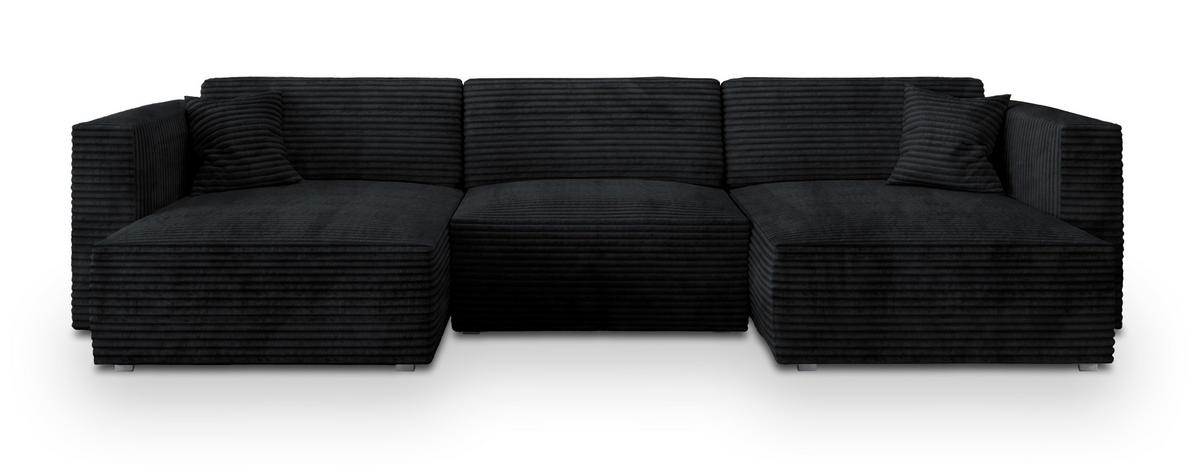 WOHNLANDSCHAFT SARMO Schwarz Kordstoff mit Schlaffunktion - Schwarz, Holz (347/90/148cm) - MASSENO