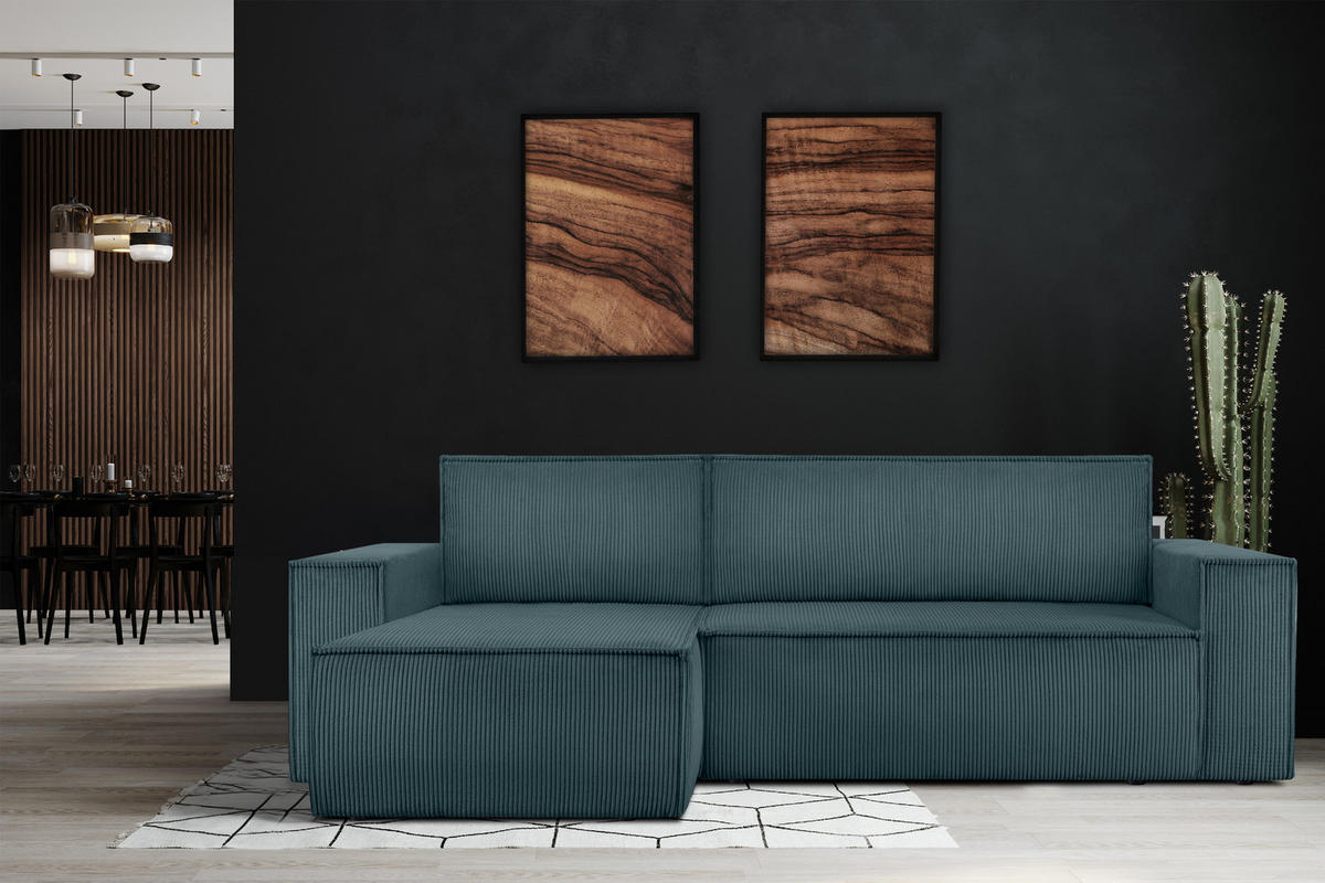 ECKSOFA-LINKS/RECHTS NAPI Schlaffunktion mit Cordbezug, Blau - Blau/Schwarz, Textil (262/148cm) - KONSIMO®