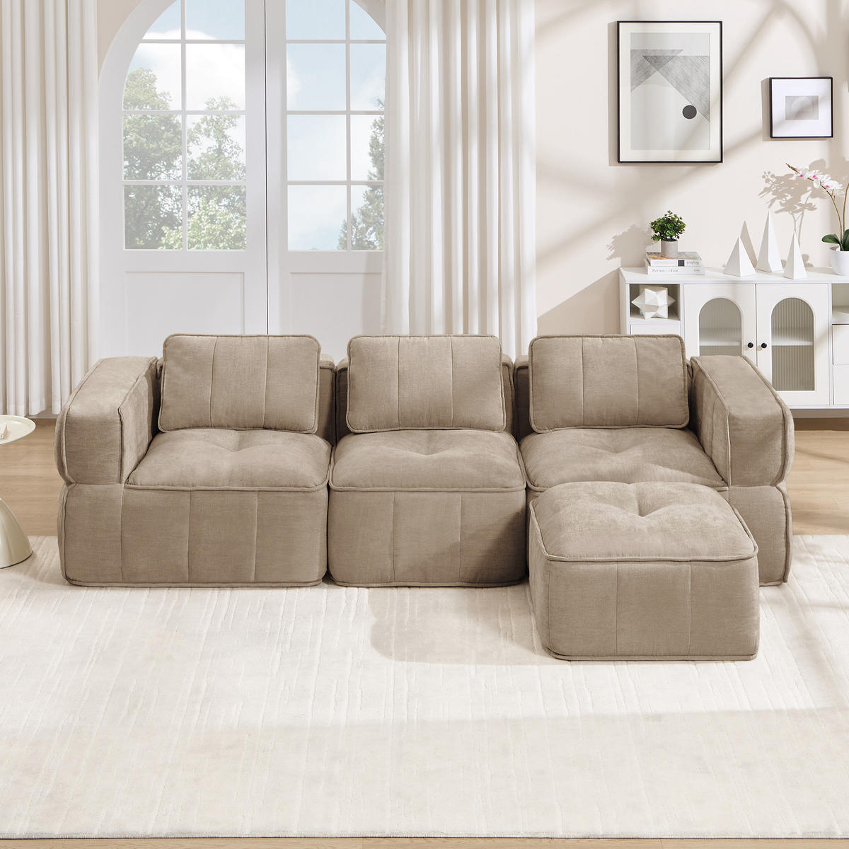 3-SITZER-SOFA mit Hocker, minimalistisch, Polyester-Sandfarben - Sandfarben, Textil (162/67/271cm) - KOMHTOM