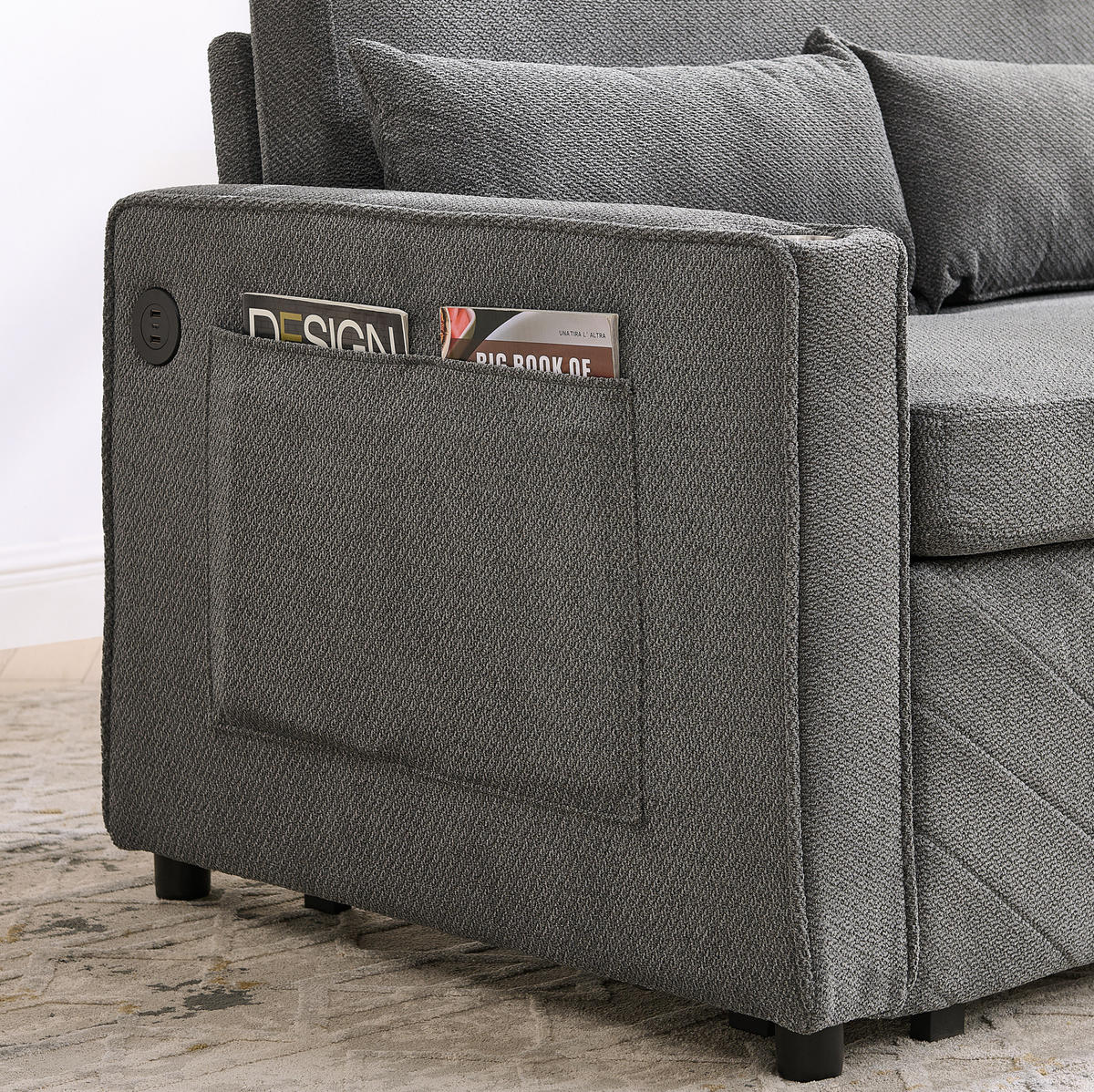 SCHLAFSOFA 3-in-1 mit USB-Ladeports Dark Gray - Dunkelgrau, Holz (134/73/195cm) - Meubliv
