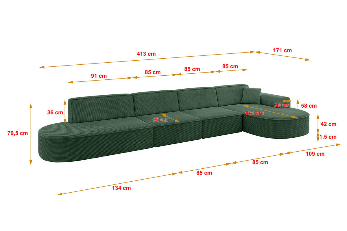 ECKSOFA Ottomane Rechts MARI-L3 - 413x171x79 cm Grün Cord - Schwarz/Grün, Holzwerkstoff/Kunststoff (171/413cm) - ALTDECOR