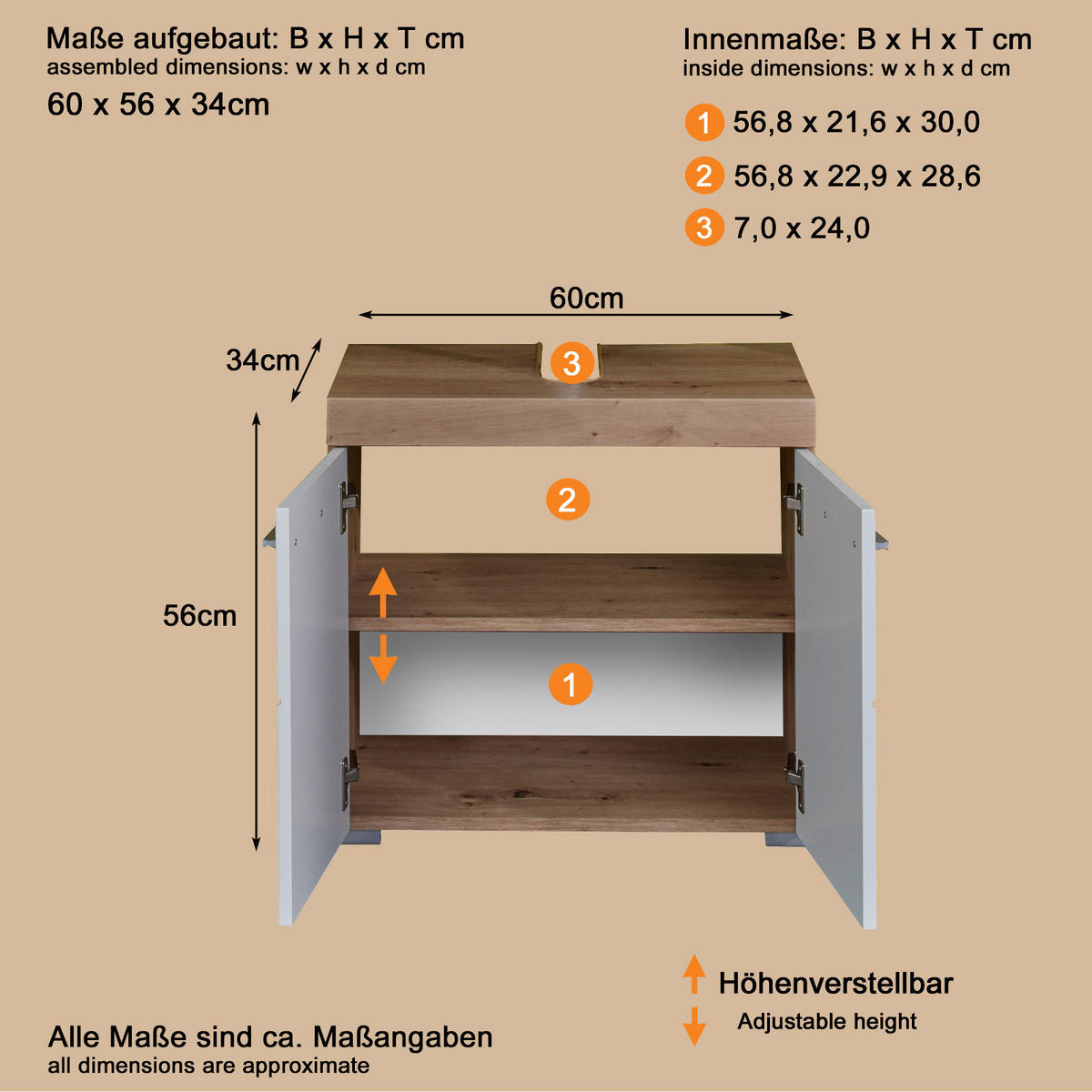 WASCHBECKENUNTERSCHRANK weiß Hochglanz, Eiche Badschrank 60 x 56 cm - Eichefarben/Weiß, Holzwerkstoff/Kunststoff (60/56/34cm) - Top.Furn