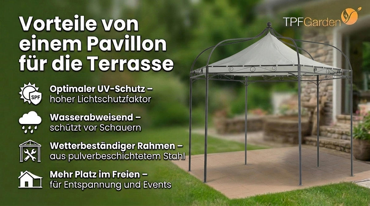 PAVILLON Mondura, Gartenpavillon, 3,2 Meter, 6-eckig, Stahl schwarz, Plane PVC-beschichtet, écru - Naturfarben, Kunststoff (320/300/320cm) - TPFGarden