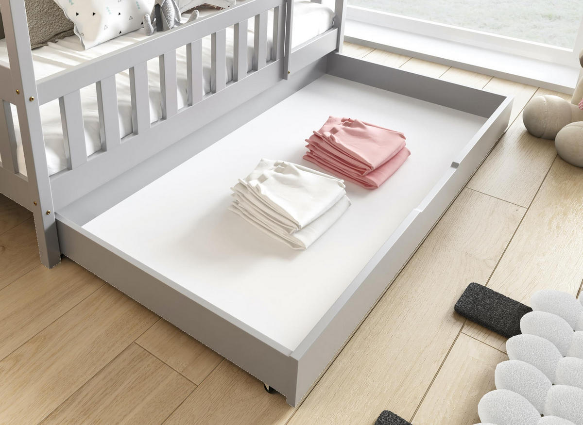 HAUSBETT Mickey mit Matratze, Rausfallschutz und Schublade (Grau, 160x80 cm) - Grau, Holz (80/125/160cm) - VENASI MÖBEL