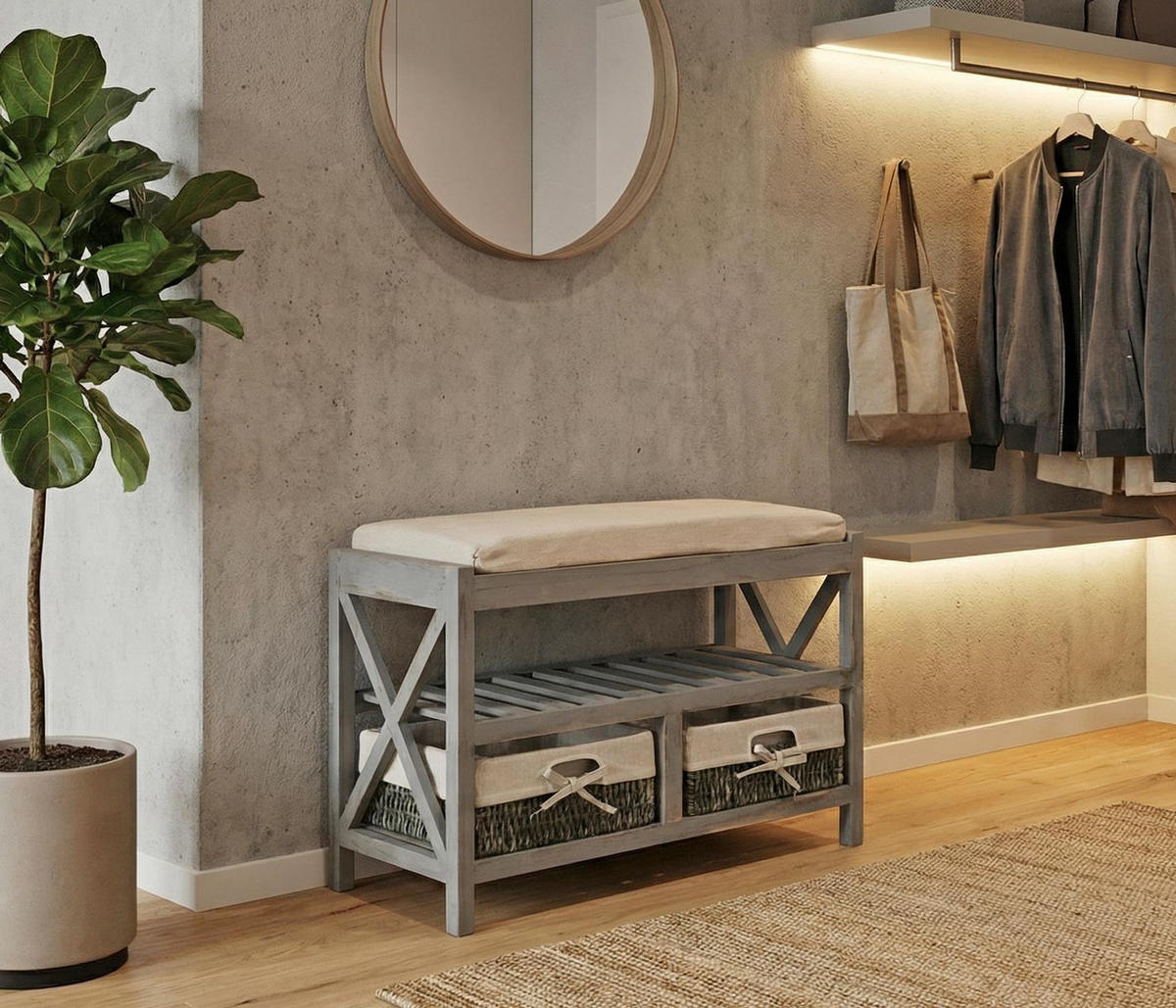 SCHUHREGAL SITZBANK Grau, Cremeweiß - Weiß/Grau, Holz (65/45/34cm) - MCW