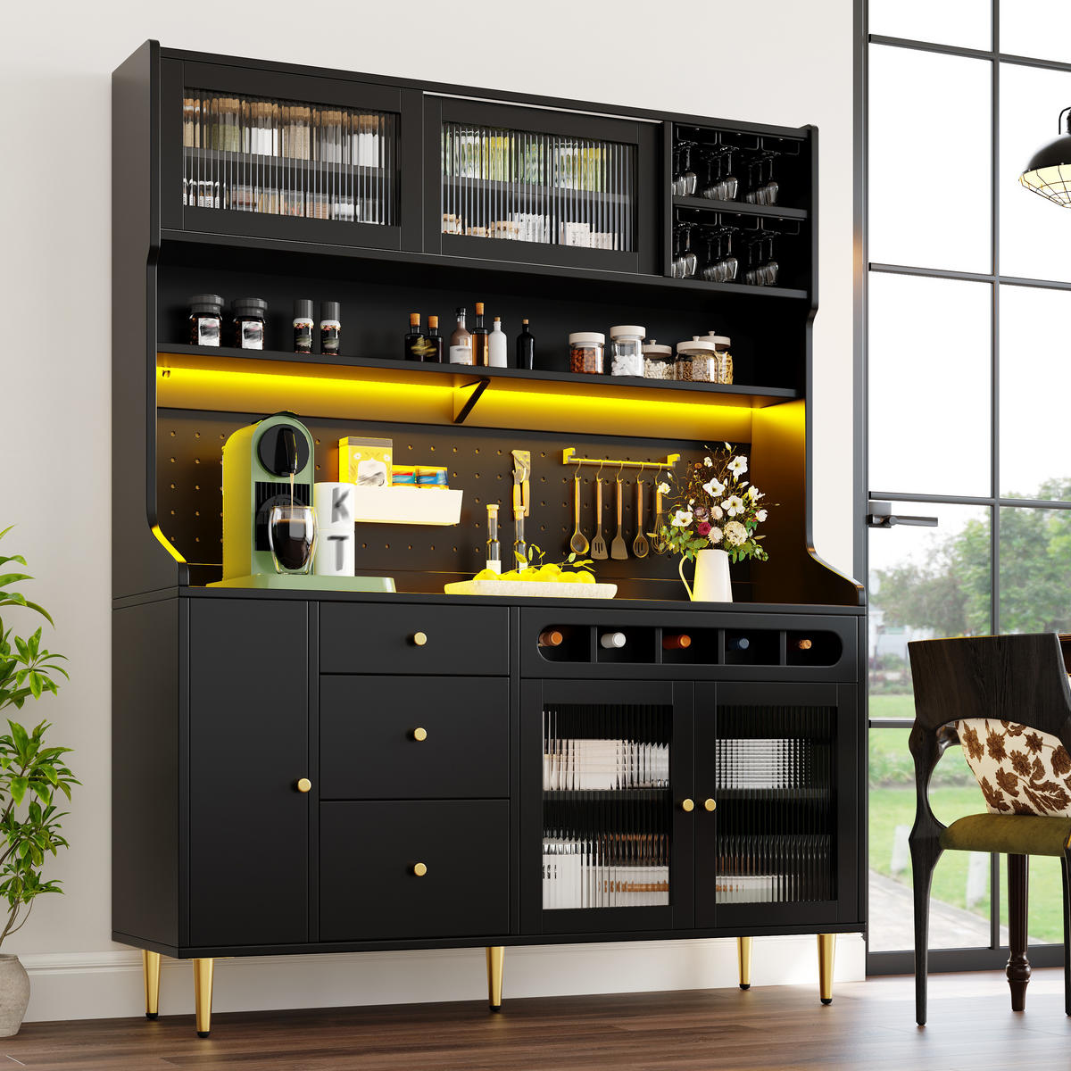 HOCHSCHRANK LED 145x39x171Cm Weinregal Schwarz - Schwarz, Glas (145/171/39cm) - FLIEKS