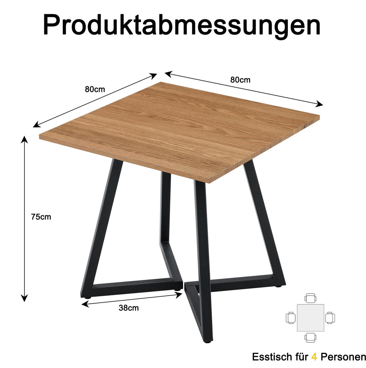 QUADRATISCHER Esstisch 80/80/75 cm in Braun/Schwarz – platzsparend für 4 Personen - Schwarz, Holzwerkstoff (80/80/75cm) - BEAOK