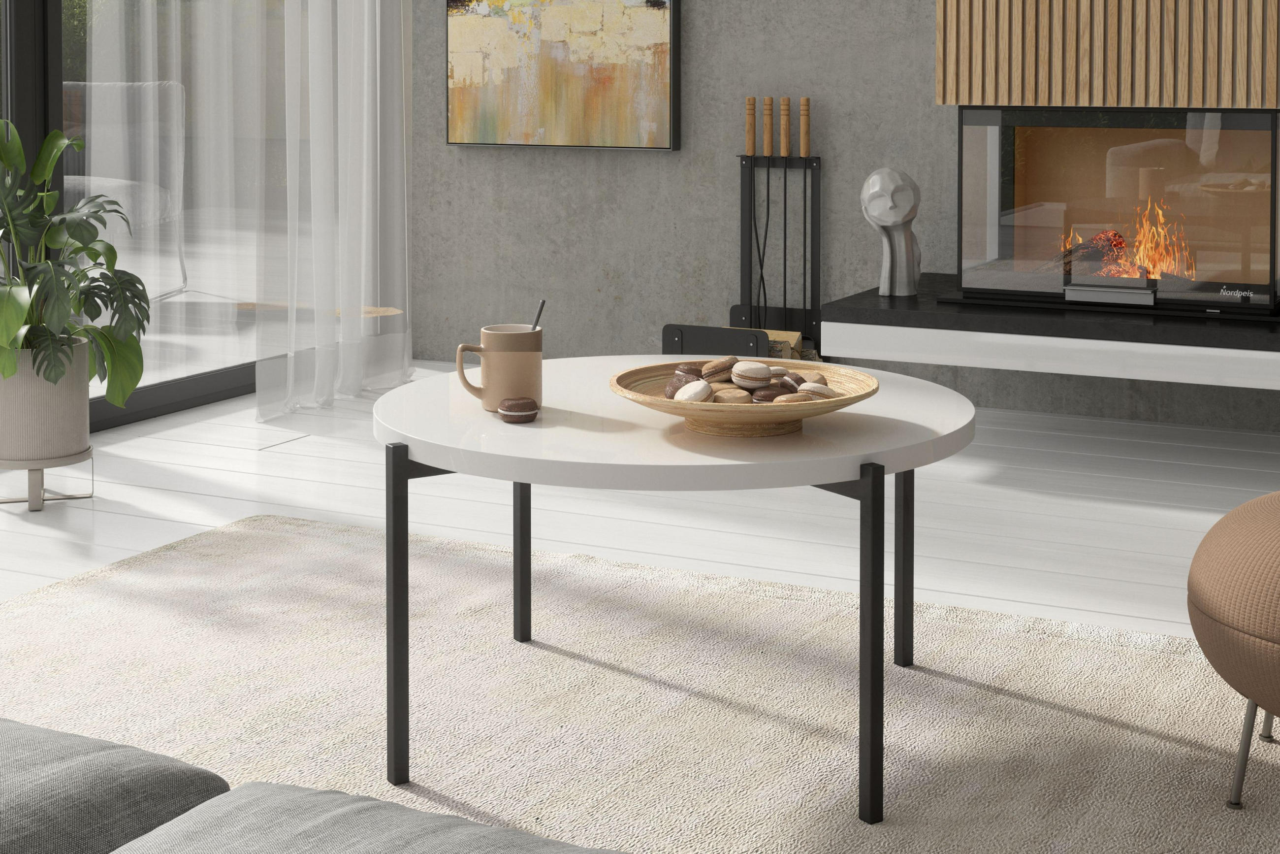 COUCHTISCH GERIS mit Metallfüßen, Spanplatte, weiß - Weiß Hochglanz/Schwarz, Holz/Metall (85/85/43cm) - KONSIMO®