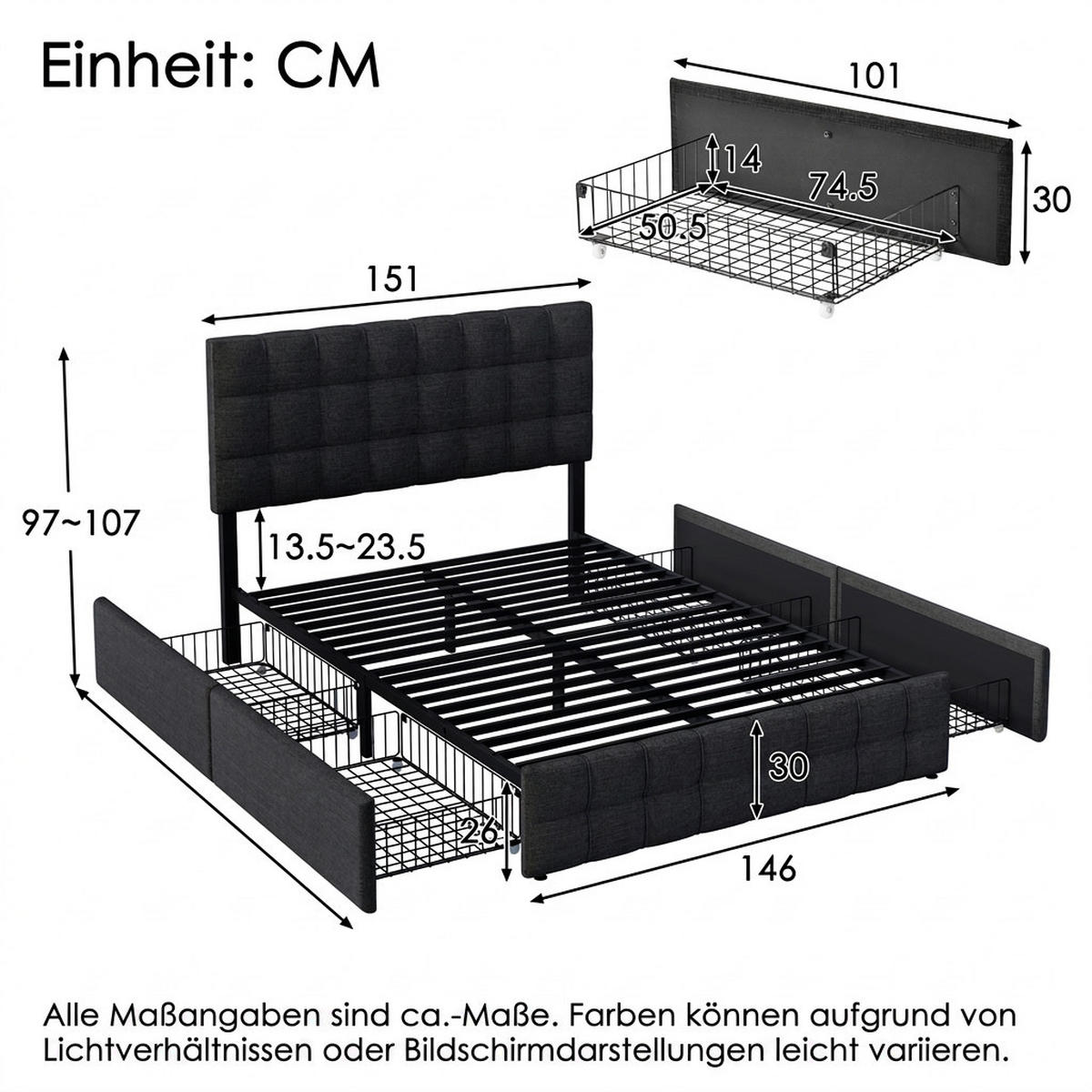 POLSTERBETT 140/200 cm Schwarz mit 4 Schubladen - Schwarz, Textil/Metall (140/200cm) - Oxeza