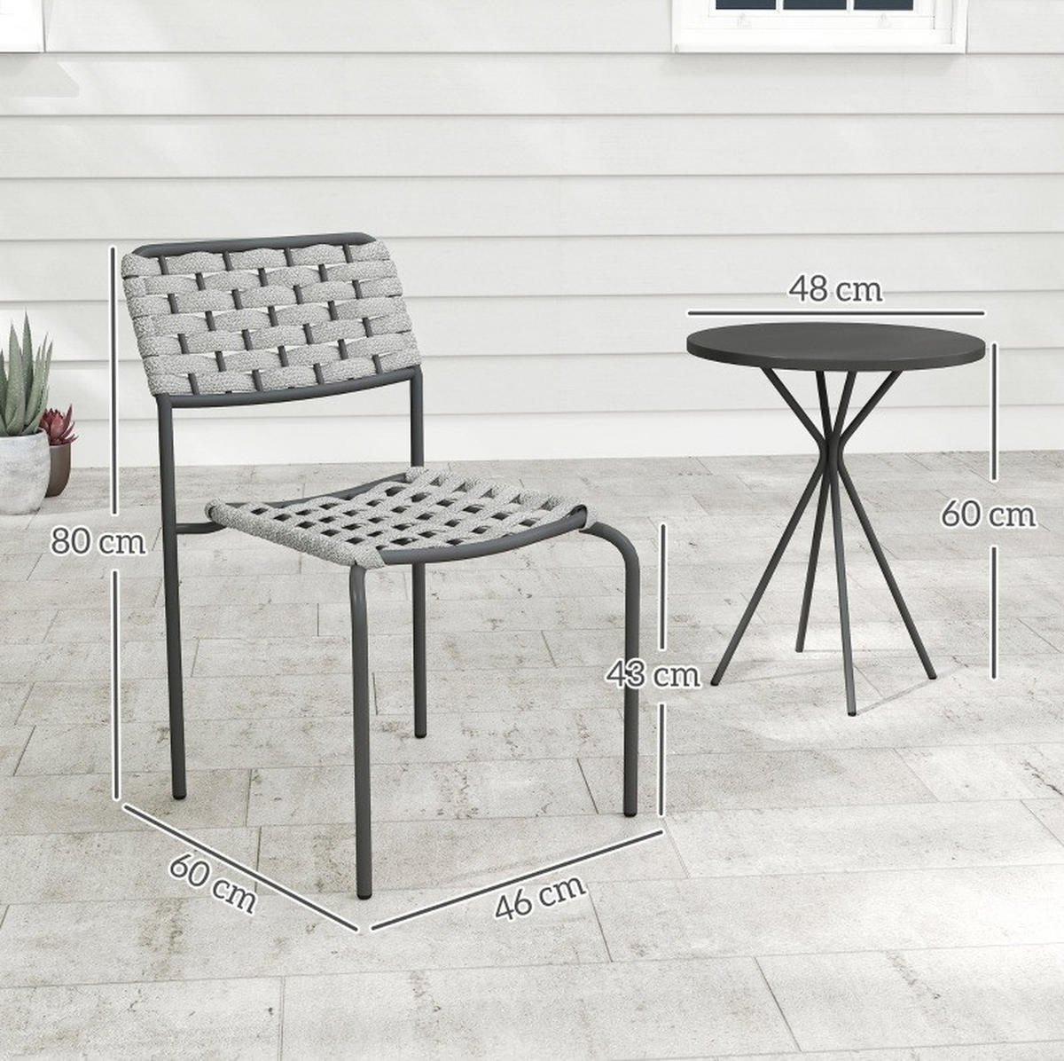 BISTROSET 46/60/80 cm grau aus Stahl mit 2 stapelbaren Stühlen - Grau, Metall - OKWISH