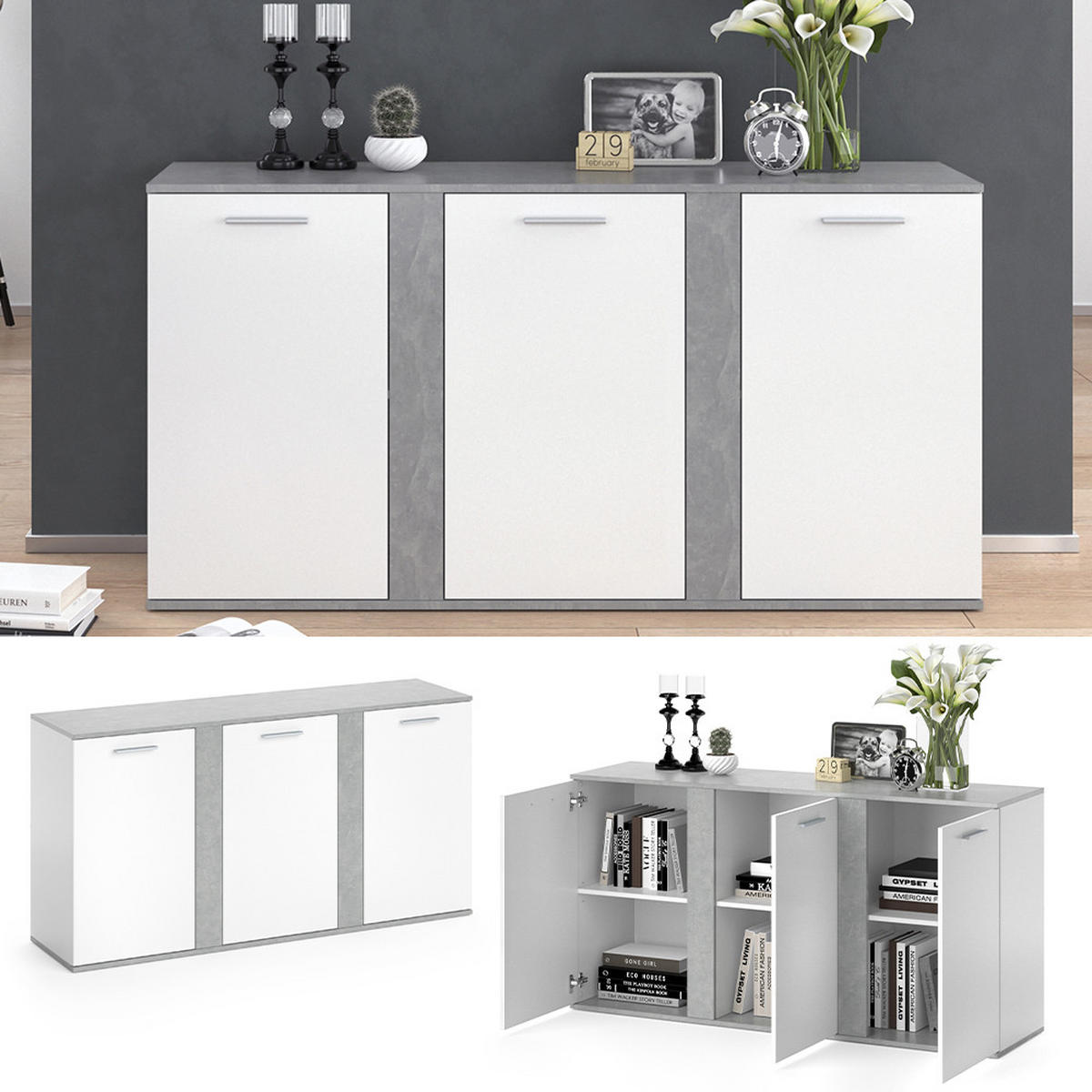 KOMMODE Novelli Beton 155 x 80 cm mit Türen - Grau, Holzwerkstoff (40/80/155cm) - Vicco
