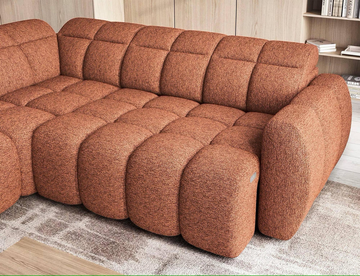 ECKSOFA mit elektrischem Sitzvorschub, Bettkasten und verstellbare Kopflehnen - Orange, Naturmaterialien/Textil (258/208cm) - Eltap