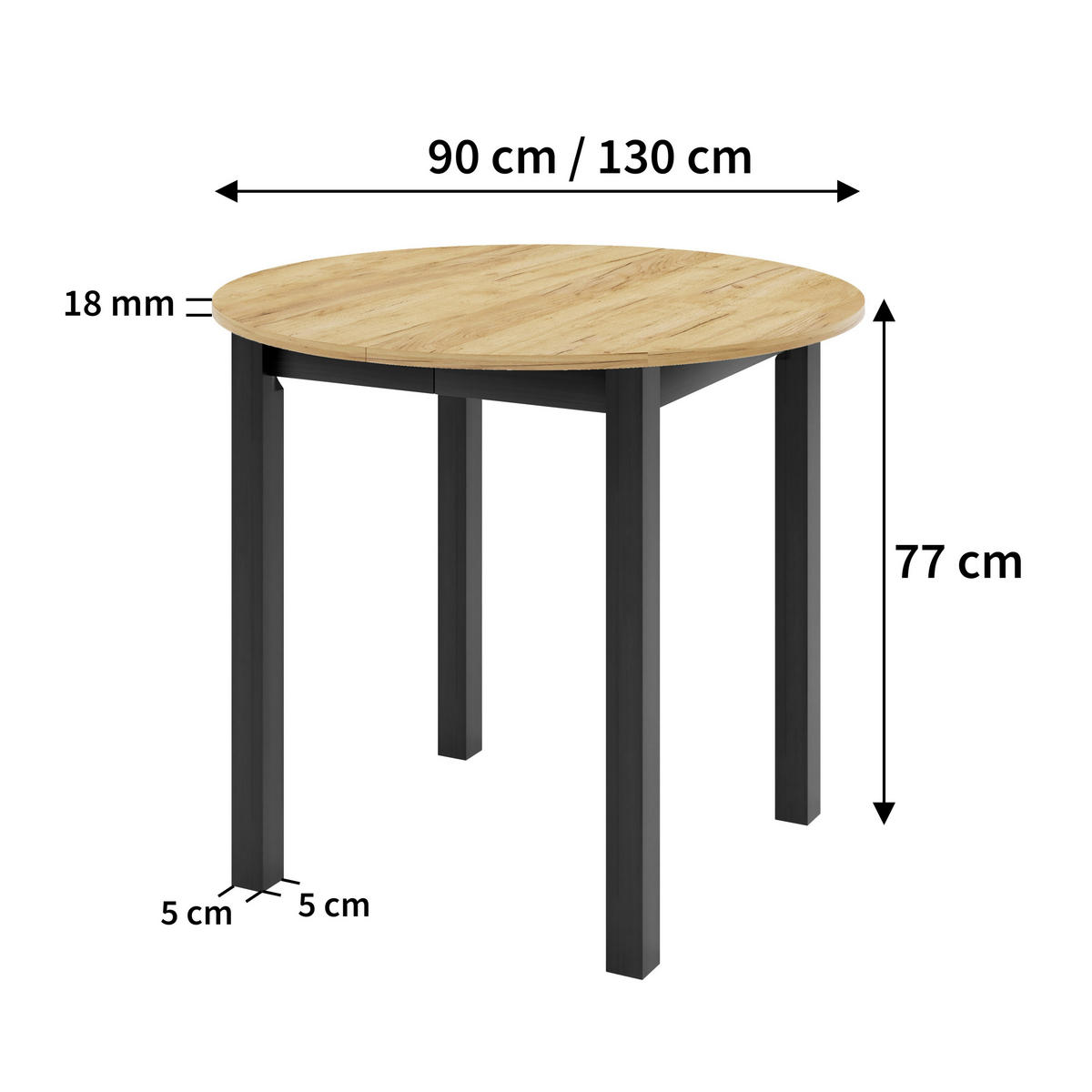 ESSTISCH LUCA P Ausziehbar 90 - 130 / 90 x 77 cm - Schwarz/Grau, Holz (90/90/77cm) - MASSENO
