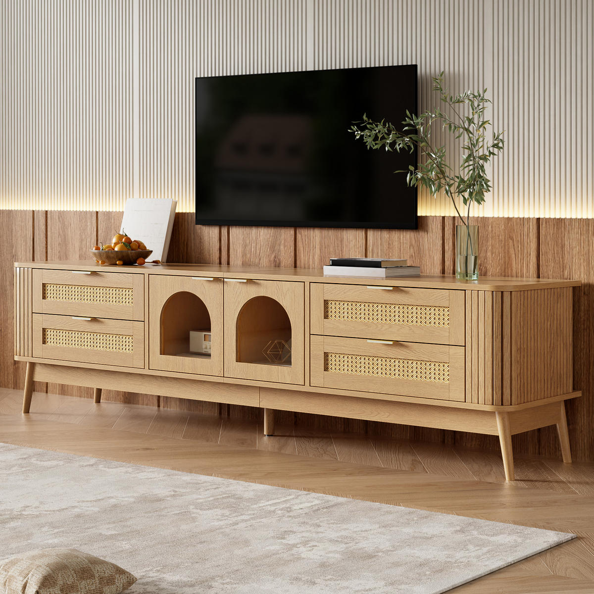 TV-SCHRANK LED Glas Türen Sideboard Massivholzbeine Modern - Naturfarben, Holzwerkstoff (180/50/40cm) - FLIEKS