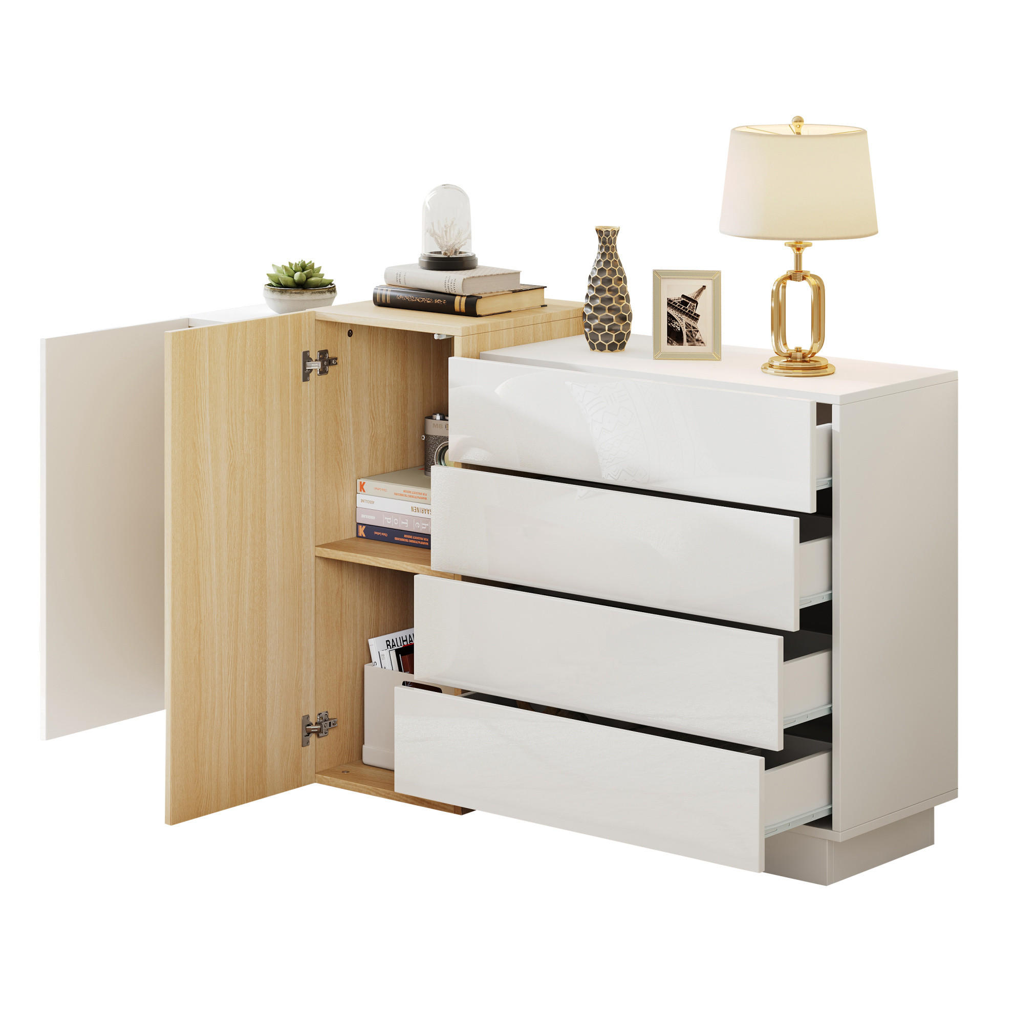 SIDEBOARD 140/35/76,5 cm in Weiß Hochglanz mit 4 Schubladen & 2 Türen - Weiß, Holzwerkstoff (140/76.5/35cm) - BEAOK