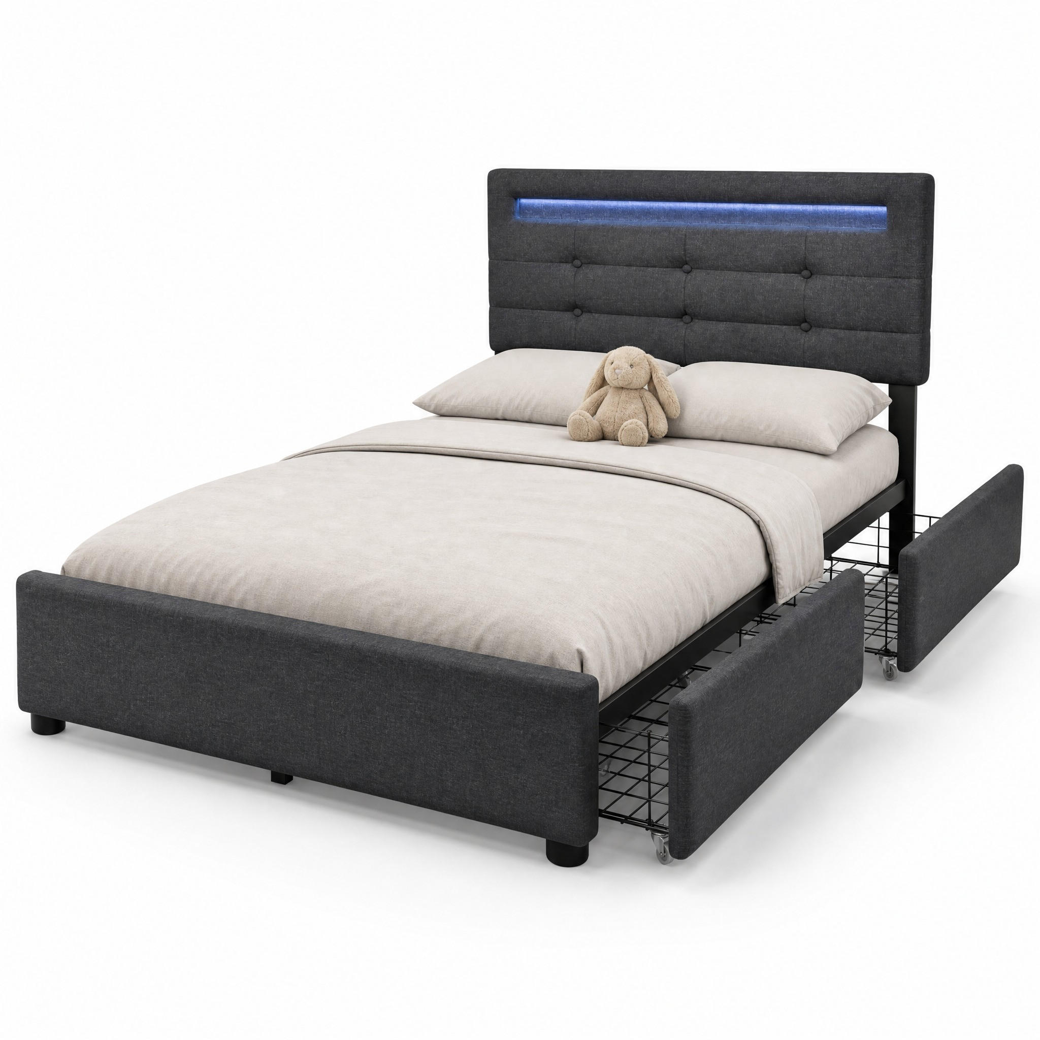 POLSTERBETT 90/200 cm in Grau Leinen mit 2 Schubladen, LED und verstellbarem Kopfteil - Grau, Holzwerkstoff/Textil (90/200cm) - STILVORA