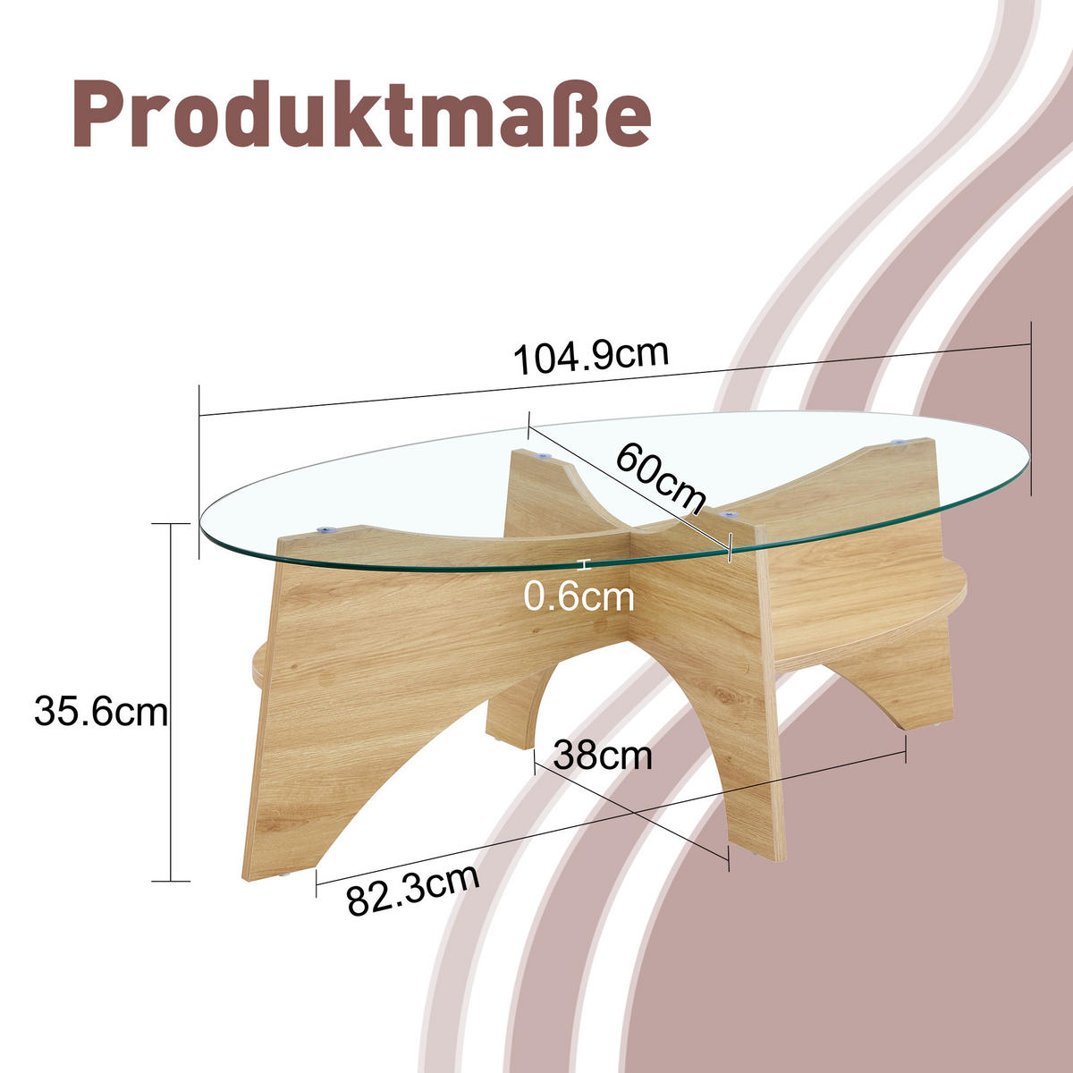 COUCHTISCH in Naturfarbe Moderner ovaler Beistelltisch mit Holzoptik für Esszimmer und Wohnzimmer, B104.9/T60/H35.6 cm - Transparent/Naturfarben, Glas/Holzwerkstoff (60/104.9/35.6cm) - STILVORA