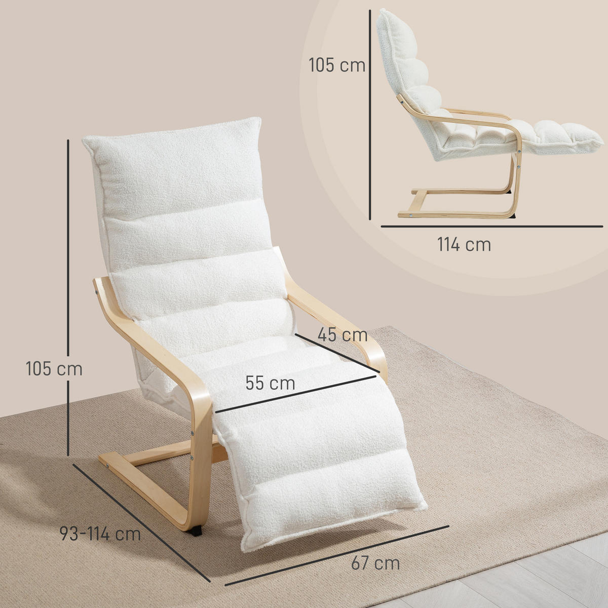 LOUNGE-SESSEL mit verstellbarem Fußteil, Weiß - Weiß, Kunststoff (67/105/114cm) - HOMCOM