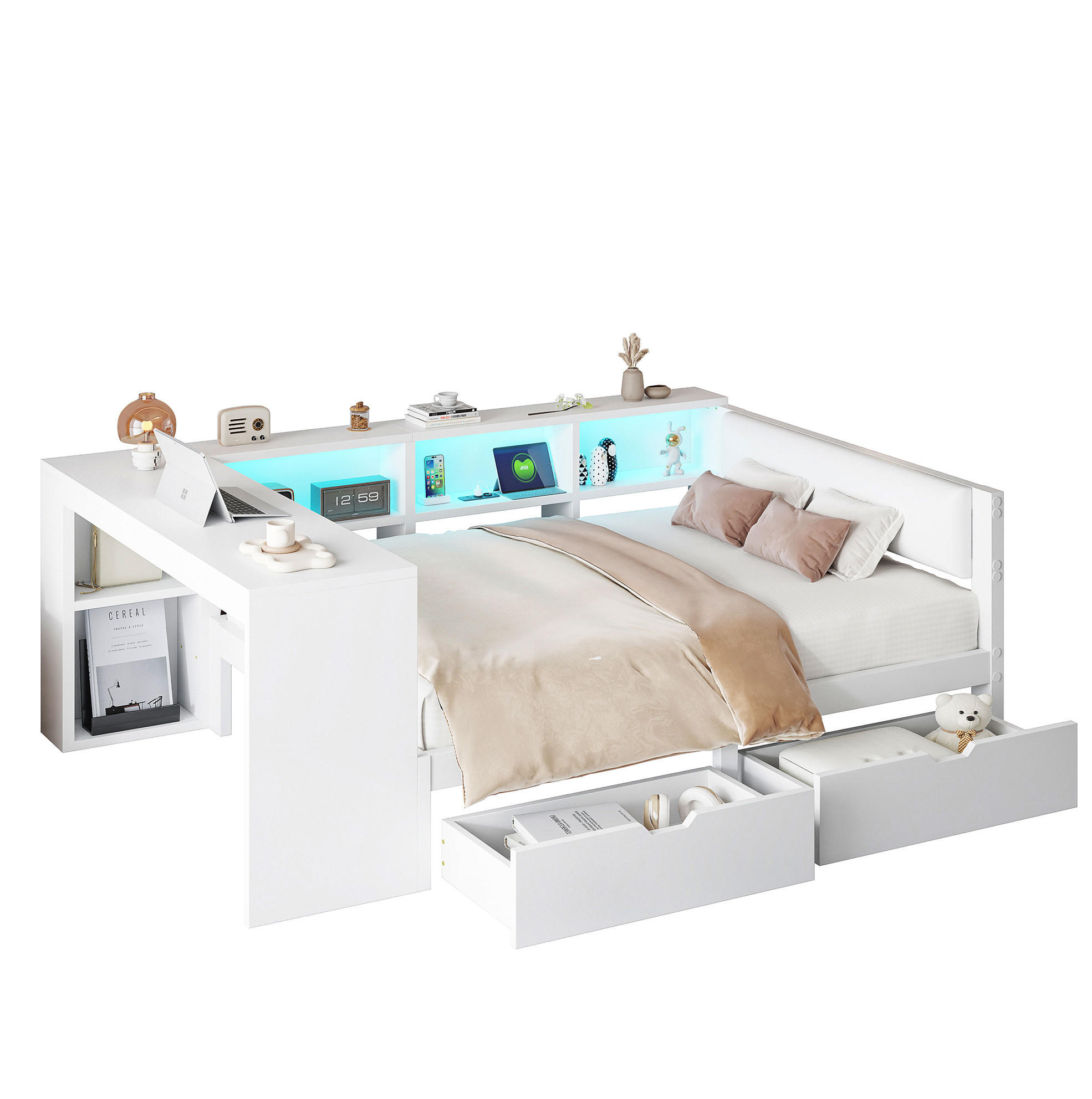OKWISH POSTEL 140/200 cm bílá z MDF a překližky s úložným prostorem, USB a LED osvětlením