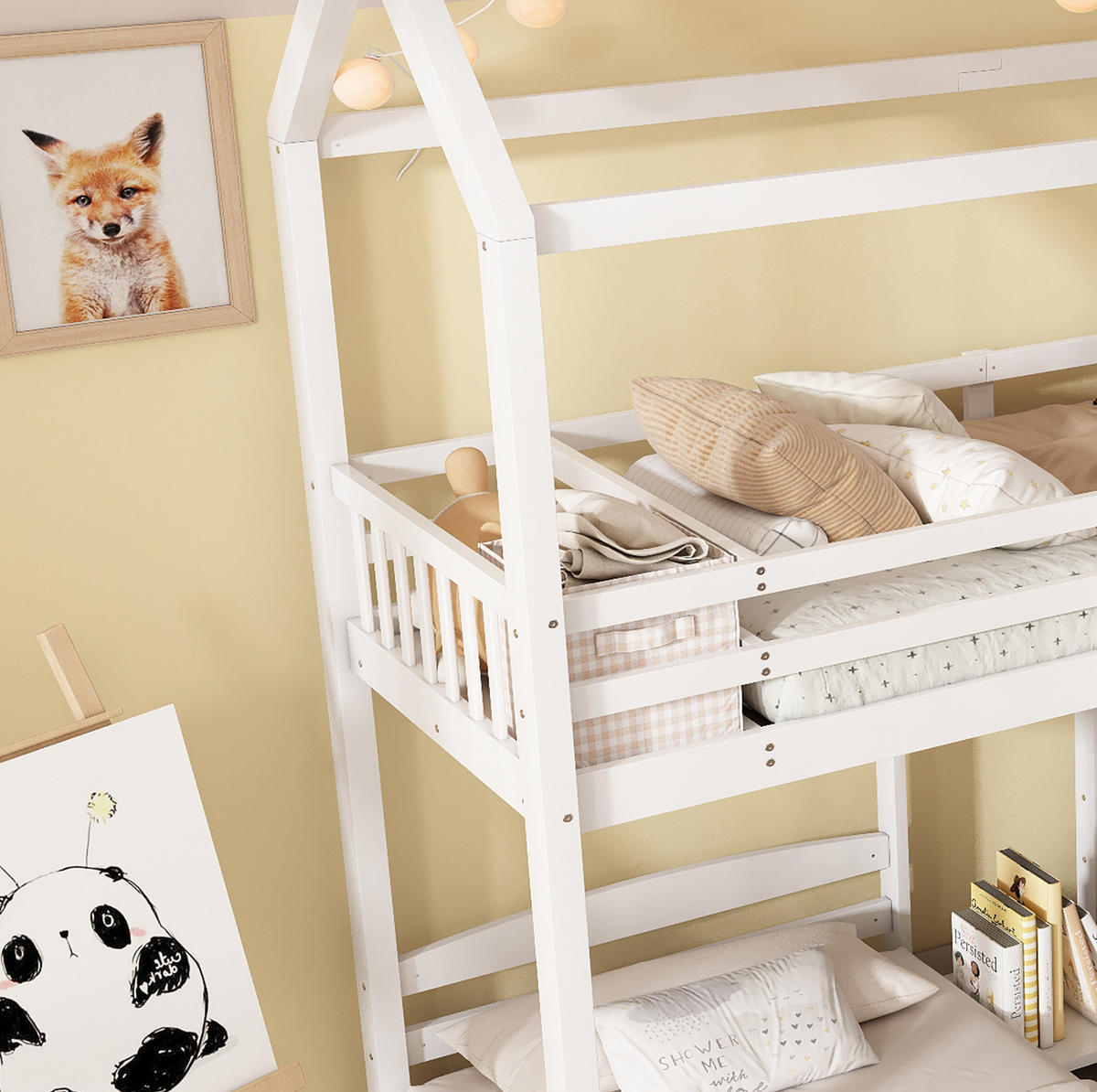 ETAGENBETT 90/200 cm in Weiß mit Rutsche und Dachdesign - Weiß, Holz (90/200cm) - OKMYHOME