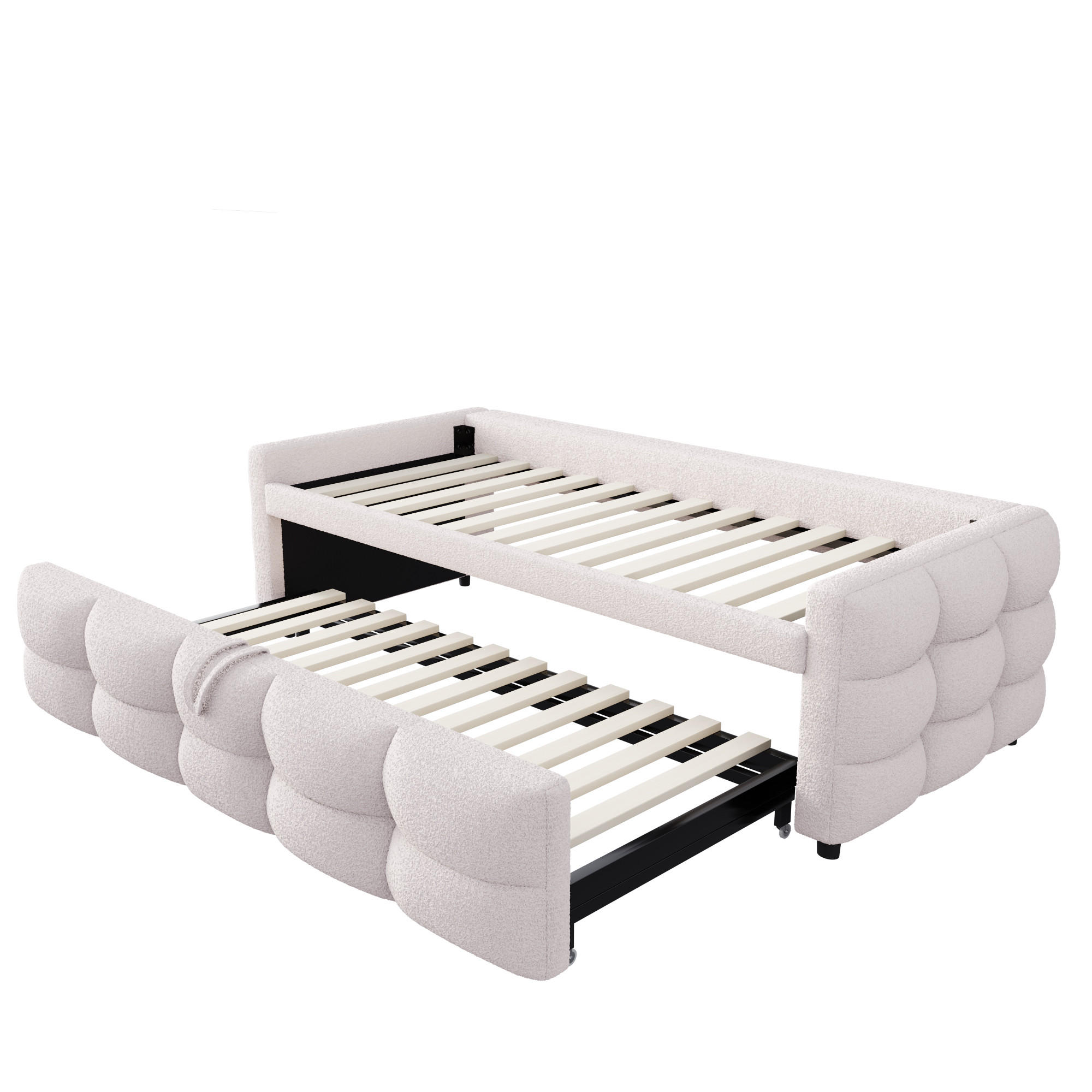 AUSZIEHBETT 90/180/190 cm DE-01659, in Beige, mit Teddy-Samt - Beige, Metall (90/190cm) - ComfortXL