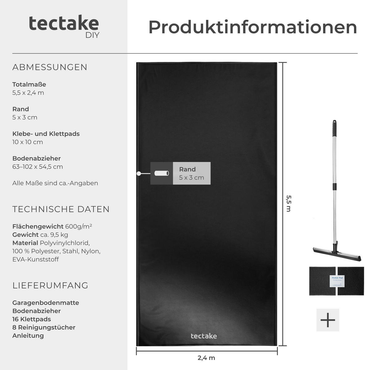 GARAGENBODENMATTE , inklusive ausziehbarem Abzieher, schwarz - Schwarz, Kunststoff (240/550cm) - tectake