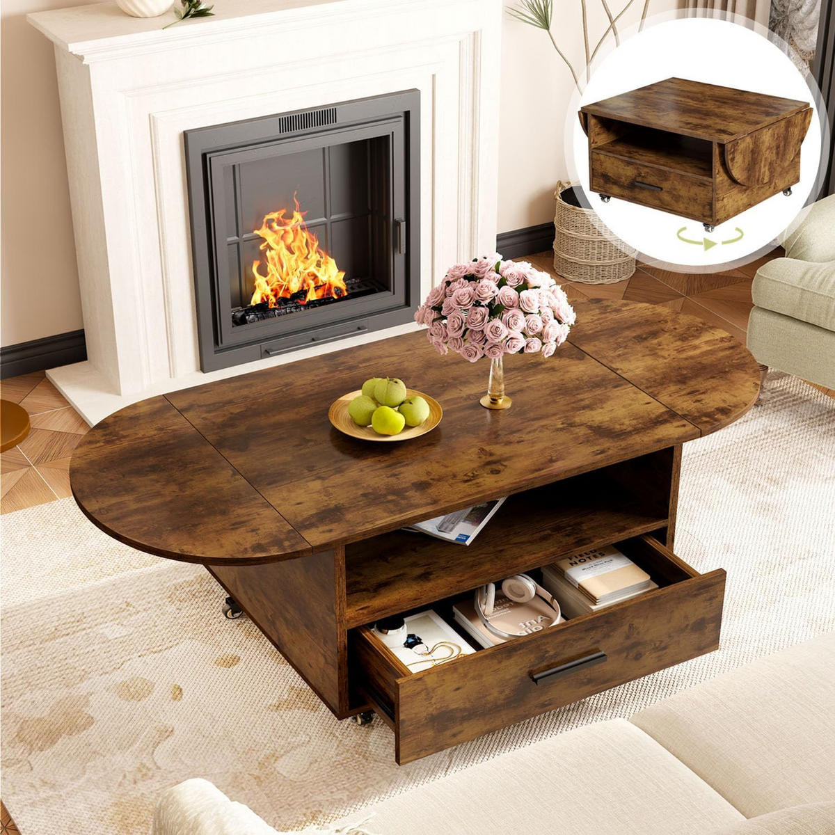 COUCHTISCH Wohnzimmertisch mit Stauraum 120 x 60 x 45 cm Klappplatte - Wildeiche, Holzwerkstoff/Metall (120/120/45cm) - Quality Elegance