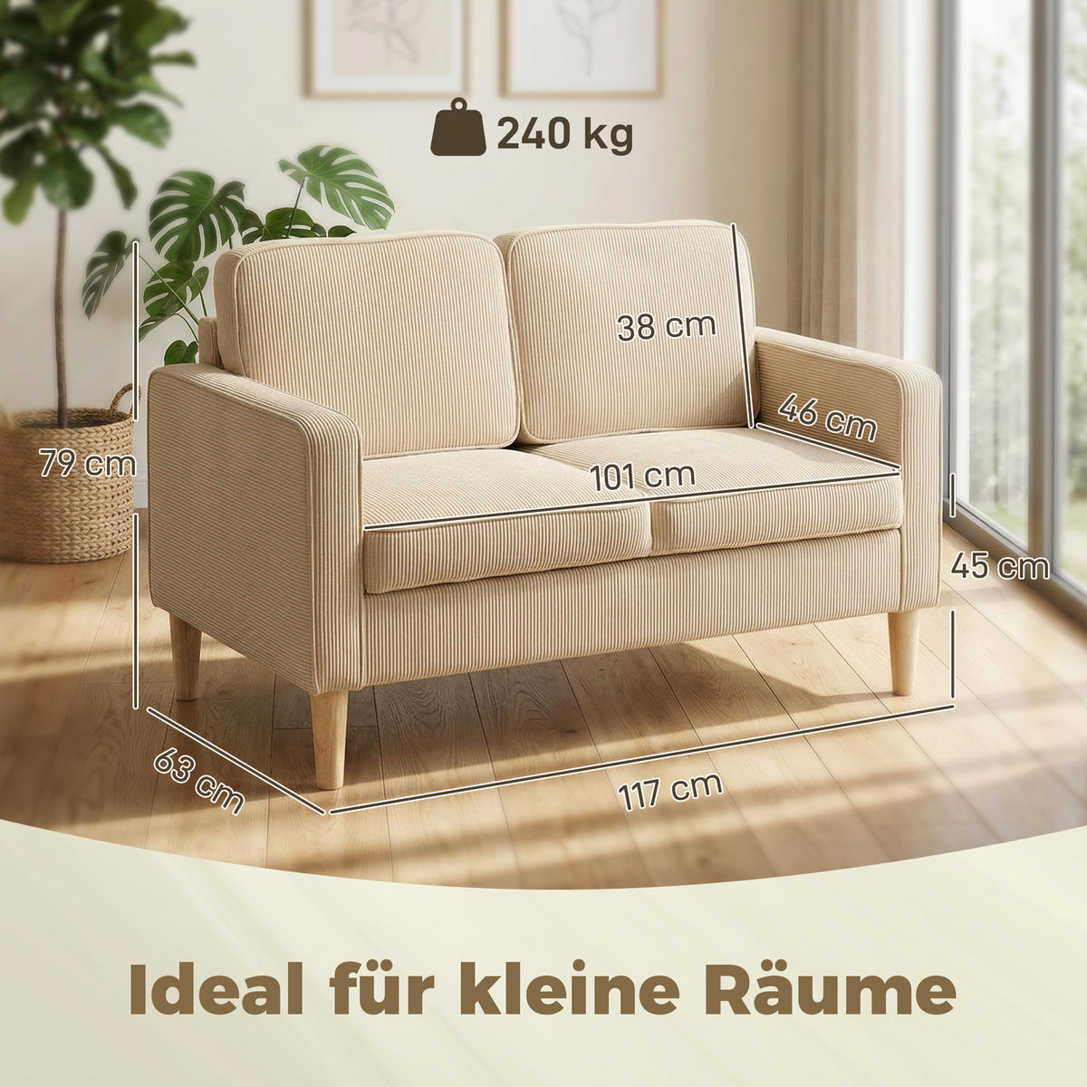 SOFA Polyester Beige - Beige/Naturfarben, Holz/Textil (63/79/117cm) - HOMCOM