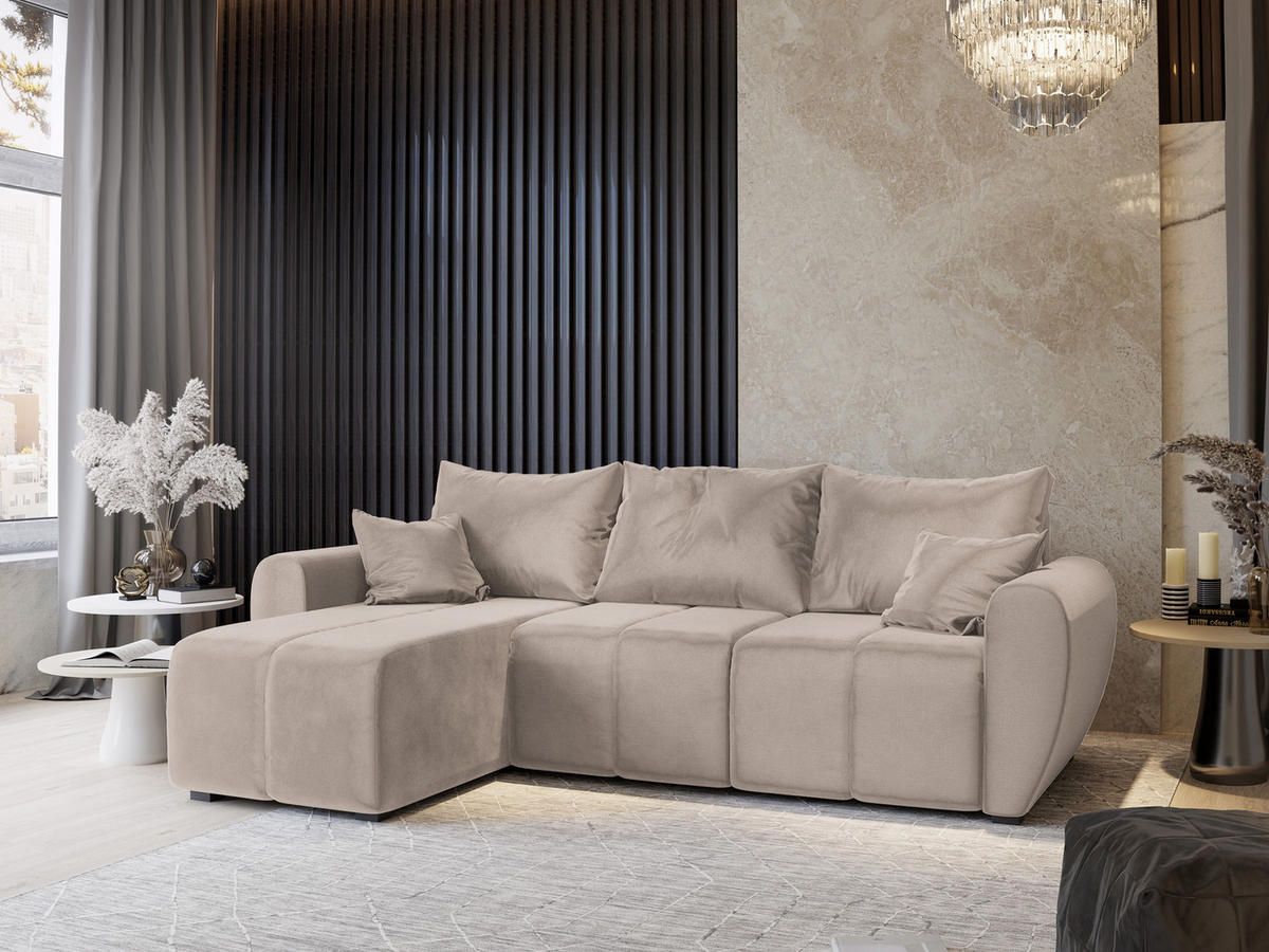 ECKSOFA MADISON Beige Plüsch-Stoff mit Schlaffunktion - Beige, Holz (246/143cm) - MASSENO