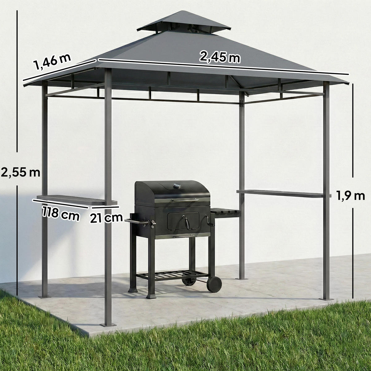GRILLPAVILLON Polyester Metall Dunkelgrau - Dunkelgrau, Metall (146/255/245cm) - Outsunny