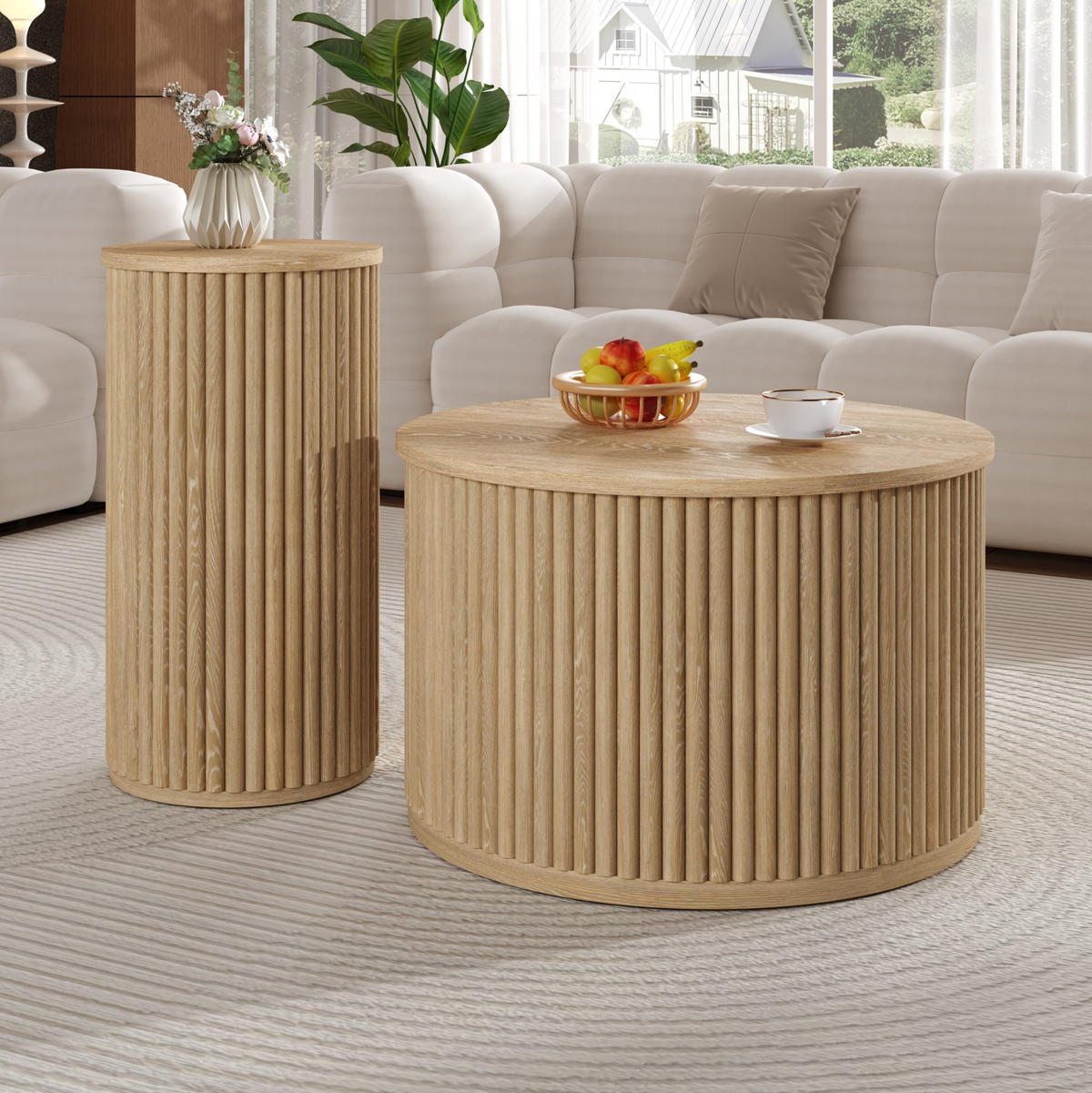 COUCHTISCH 2er-Set rund MDF in Natur mit Streifenoptik - Braun, Holz (60/60/38.5cm) - Meubliv