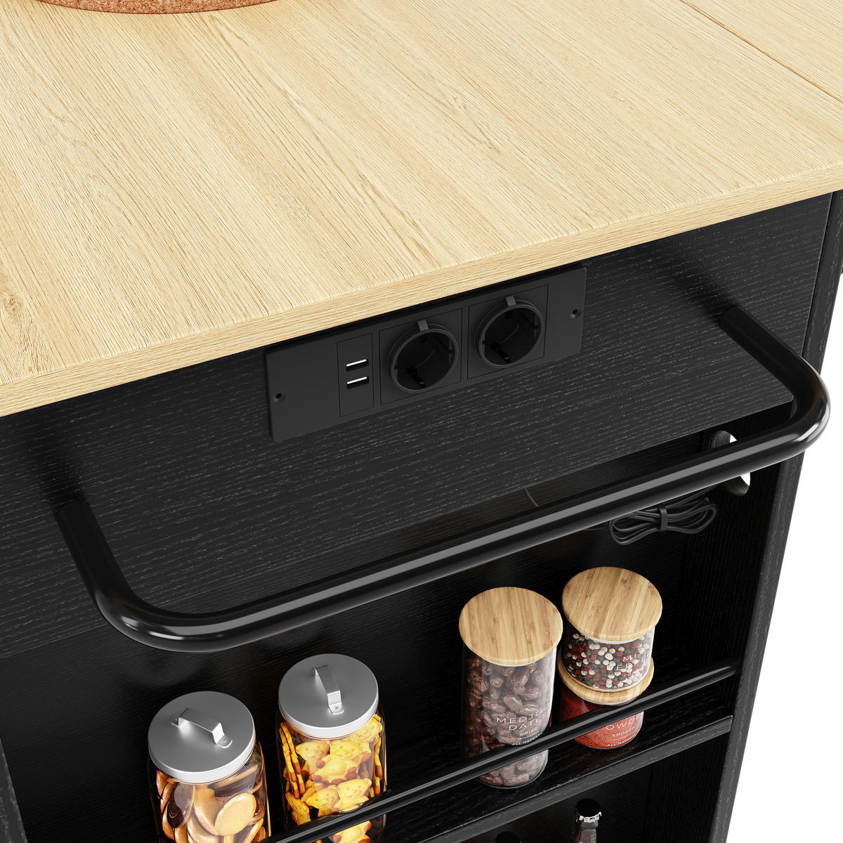 KÜCHENWAGEN 151.5x84.7x91.7cm Schwarz mit 2 Schubladen & 5 Rädern - Schwarz, Holzwerkstoff (151.5/91.7/84.7cm) - Modfu