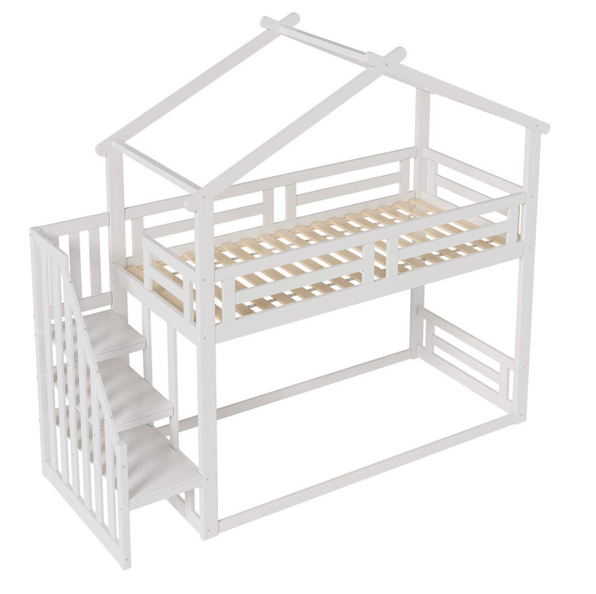 HAUSBETT 90/200 cm aus Massivholz in Weiß mit Sicherheitsleiter - Weiß, Holz (90/200cm) - BEAOK