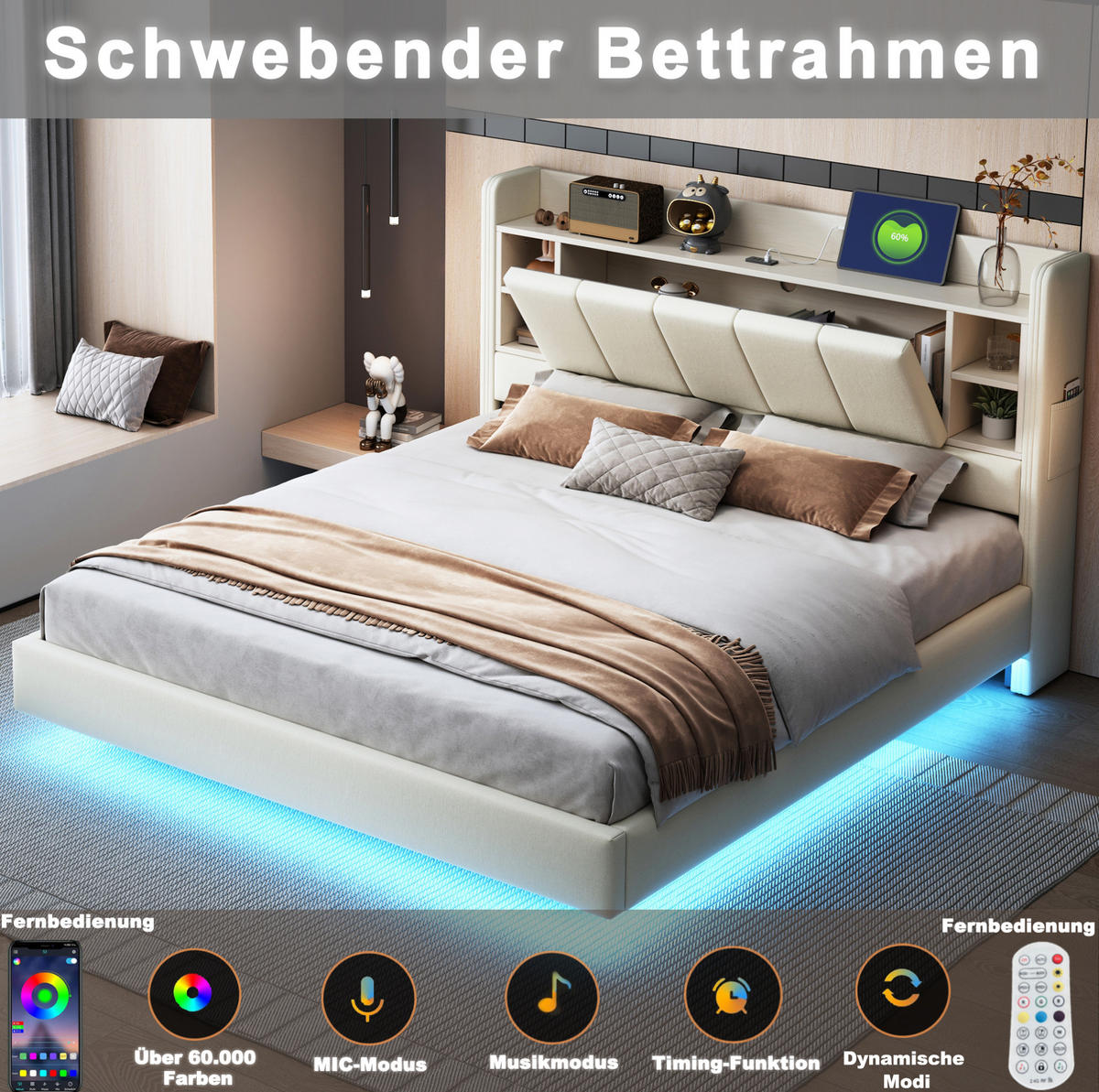 POLSTERBETT 160/200 cm Beige mit USB-Anschluss und LED-Beleuchtung - Beige, Textil (160/200cm) - OKWISH