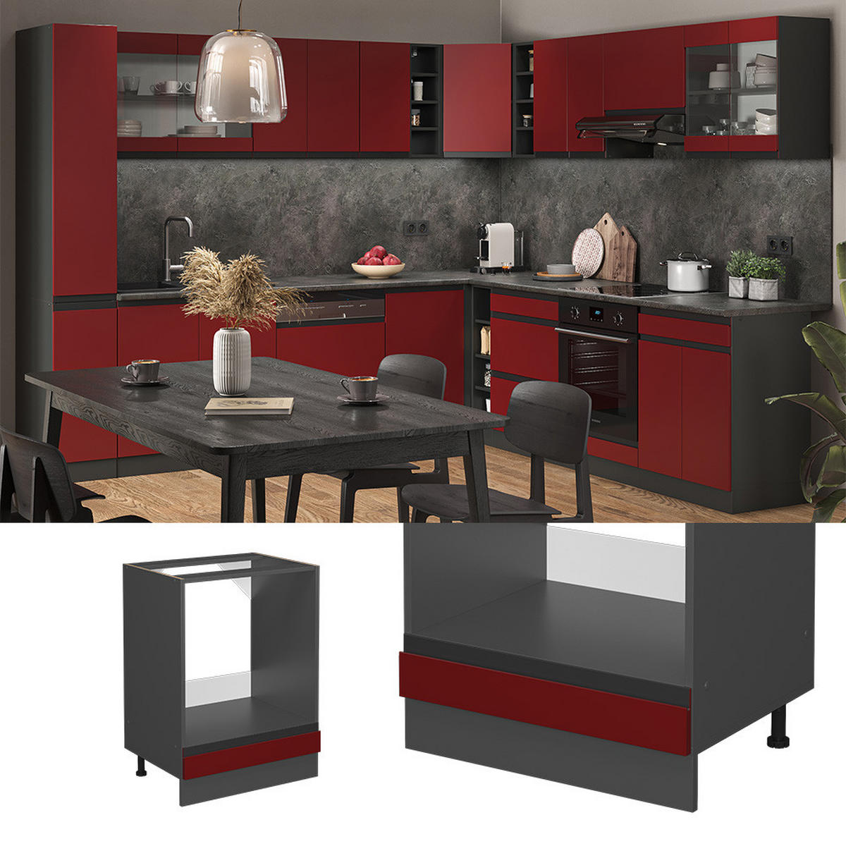HERDUMBAUSCHRANK R-Line Rot 60 cm, AP Anthrazit - Anthrazit/Rot, Holzwerkstoff (60/81.6/60cm) - Vicco