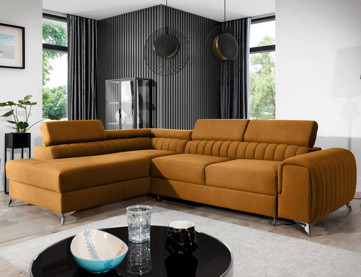 ECKSOFA Laurence mit Schlaffunktion & Bettkasten – 278 x 205 cm, verstellbare Kopfstützen - Gelb, Kunststoff (278/205cm) - Wohnideebilder