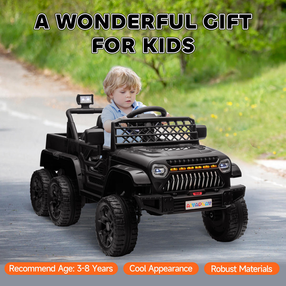 ELEKTRISCHES Kinderauto 12V, mit Anhänger, LED-Lichtern, Musik und Hupe, für Kinder im Alter von 3-8 Jahren, Schwarz - Schwarz, Kunststoff/Metall (122/62.5/65cm) - AIYAPLAY