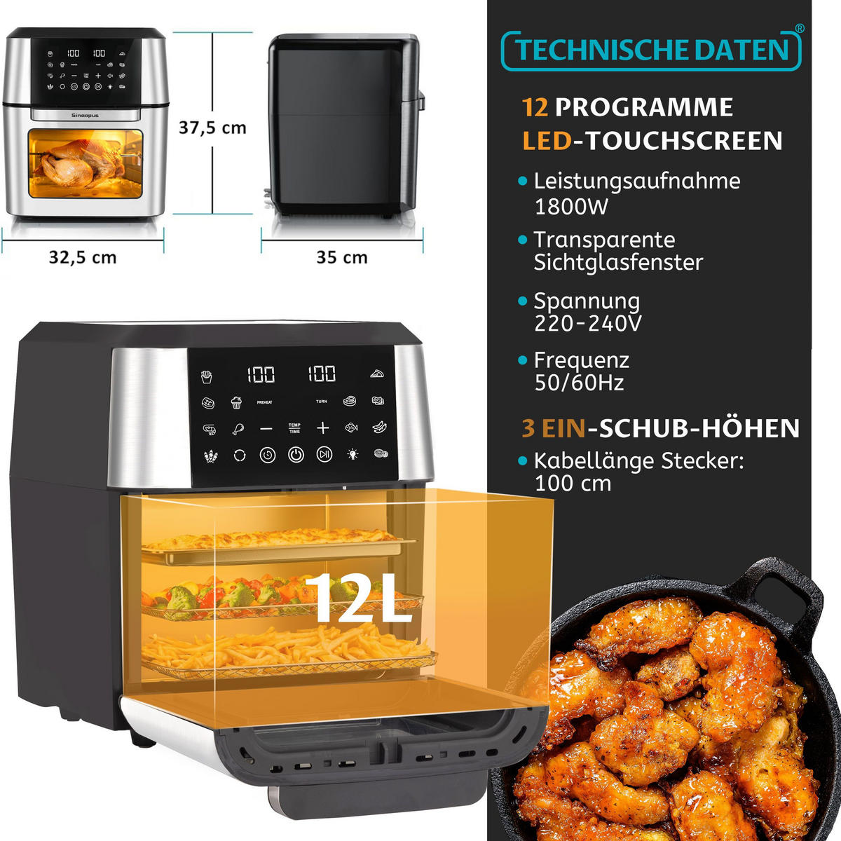 MINIBACKOFEN 12L XXL Heißluftfritteuse mit Zubehör, Multifunktionsofen mit Easy Fry & Grill Funktion, 12 Programme - Schwarz, Kunststoff (35/37.5/32.5cm) - Beaface