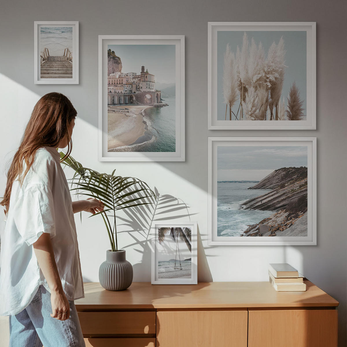WANDBILDER 5er-Set - 50x50 cm & 20x30 cm & 40x60 cm Weißer Rahmen - Abstrakte Muster beige weiß - Weiß, Kunststoff (40/60cm) - ArtPrintCave