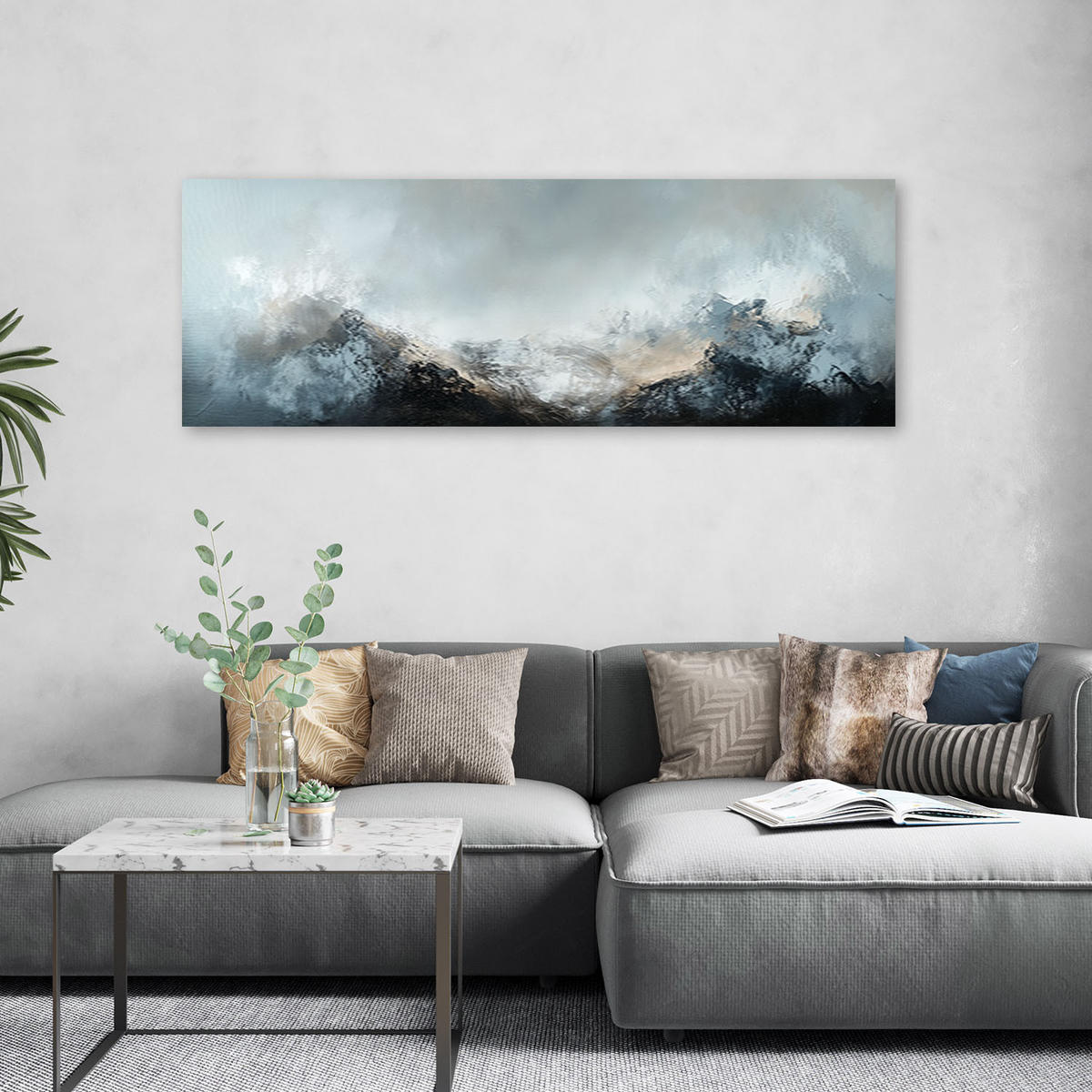 LEINWANDBILD Industrielle Abstraktionskomposition in Grautönen 120x40cm - Blau, Textil (120/40cm) - Feeby